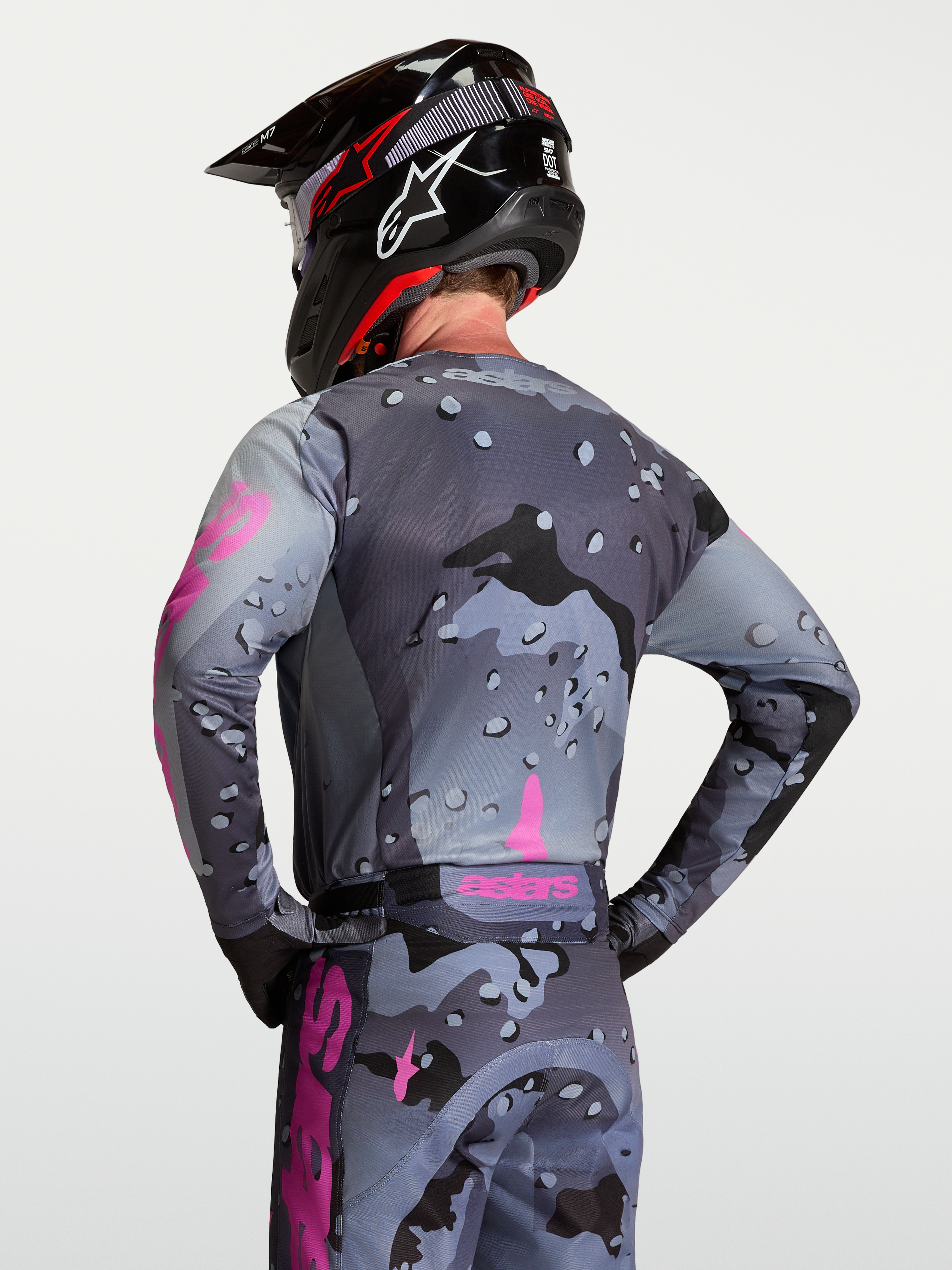 Alpinestars Racer Lone Jersey, Gray Camo and Purple Motocross Jersey, On-Model Back View, Moisture-Wicking Polyfabric.