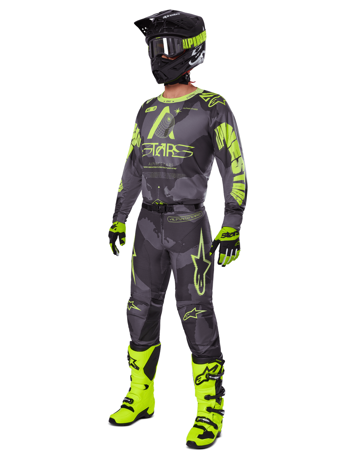 Zestaw Alpinestars 2025 Racer Hollow, kompletny strój motocrossowy, szary kamuflaż i neonowy żółty, zawiera koszulkę, spodnie, pasujący czarno-żółty kask, gogle, rękawice i jaskrawożółte buty, wysokowydajny sprzęt wyścigowy off-road