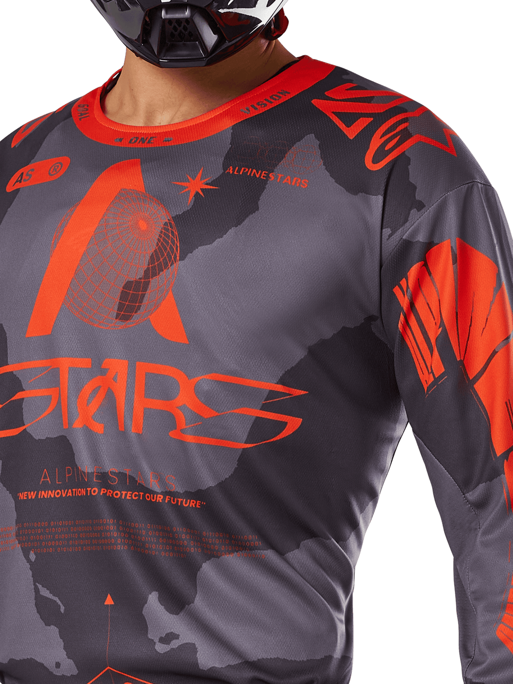 Alpinestars 2025 Racer Hollow Jersey, koszulka motocrossowa, szary kamuflaż i pomarańczowy fluo, z dużym pomarańczowym logo Alpinestars i grafikami technicznymi, okrągły dekolt, zaprojektowana do wyczynowej jazdy terenowej