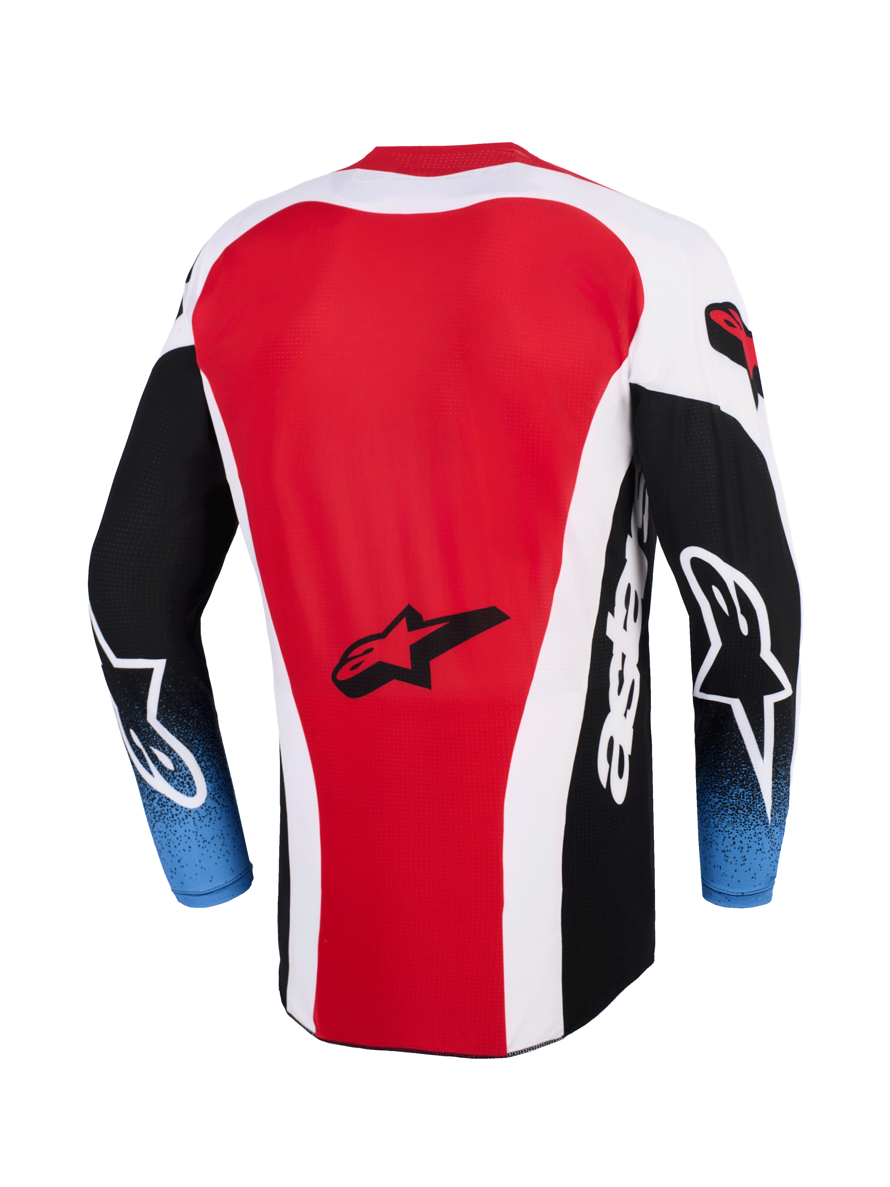 Alpinestars 2026 Techstar Knif Jersey, koszulka motocrossowa, czerwono-biało-czarna z niebieskim gradientem na rękawach, widok z tyłu prezentujący logo gwiazdy Alpinestars, przedłużony tył, sportowy krój wyścigowy do jazdy terenowej