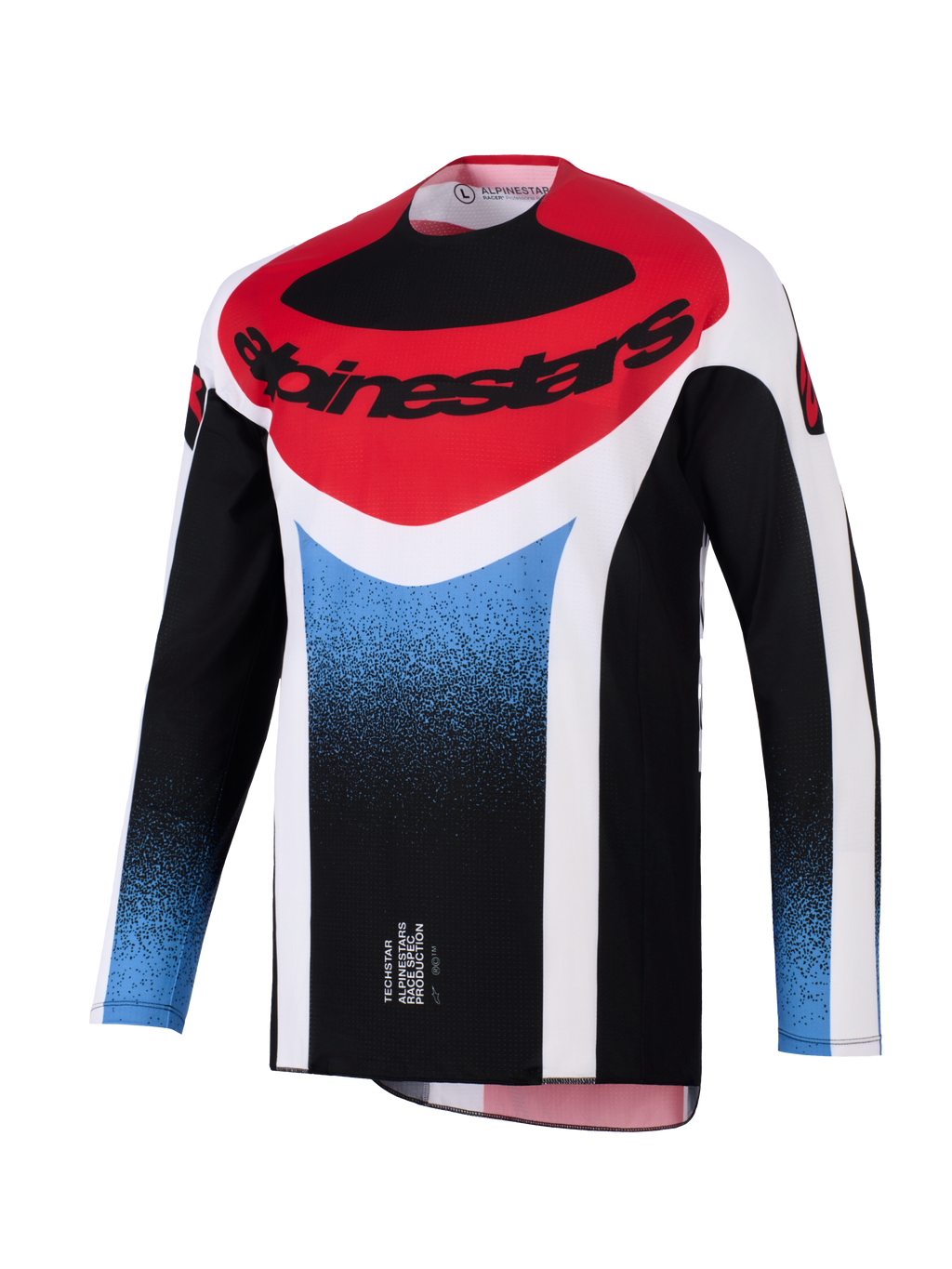 Alpinestars Techstar Knif Jersey 2026, koszulka motocrossowa, czarna z białymi, czerwonymi i niebieskimi akcentami, gradient, sportowy krój wyścigowy, duże logo Alpinestars na piersi