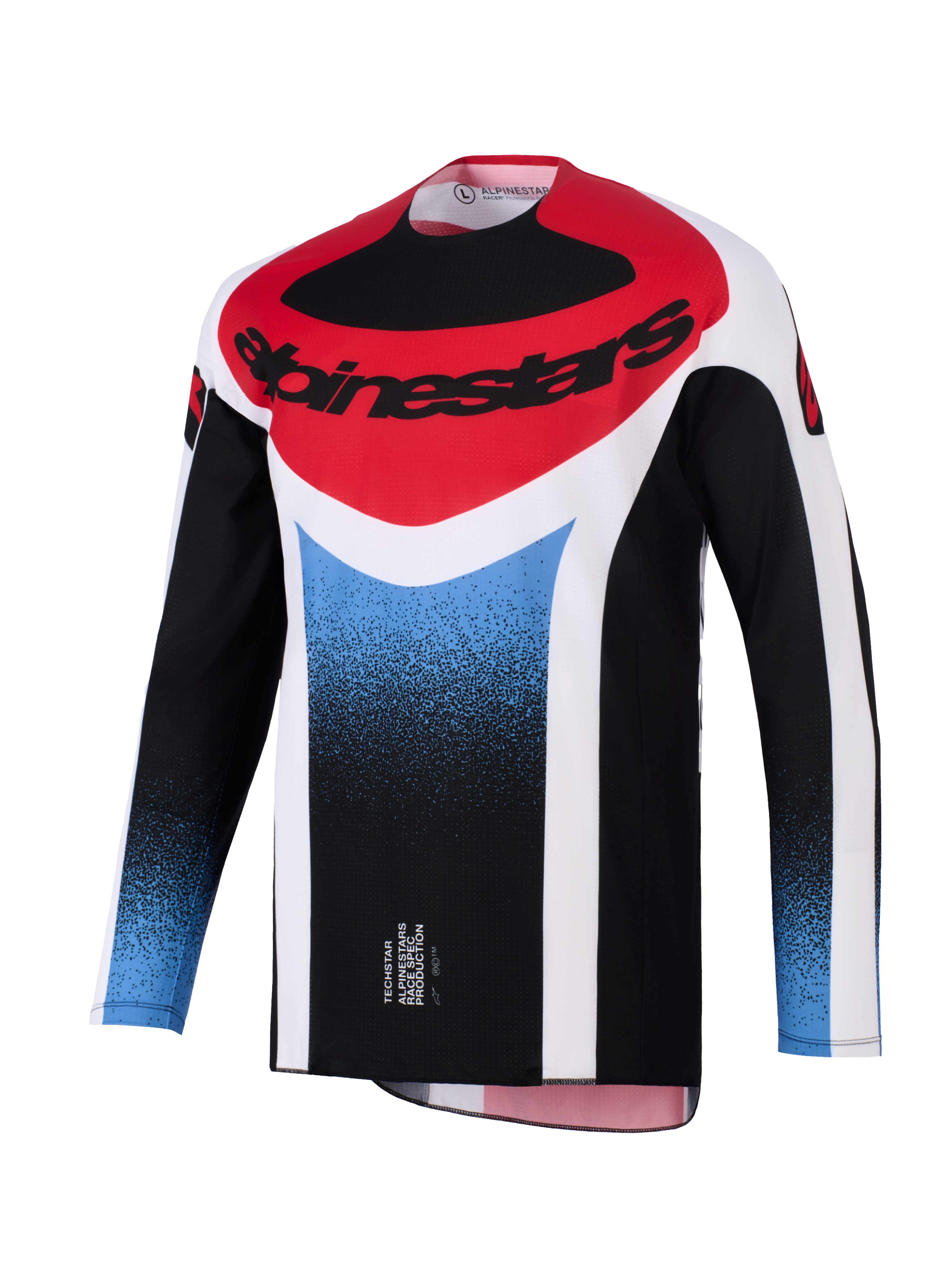 Alpinestars Techstar Knif Jersey 2026, koszulka motocrossowa, czarna z białymi, czerwonymi i niebieskimi akcentami, gradient, sportowy krój wyścigowy, duże logo Alpinestars na piersi