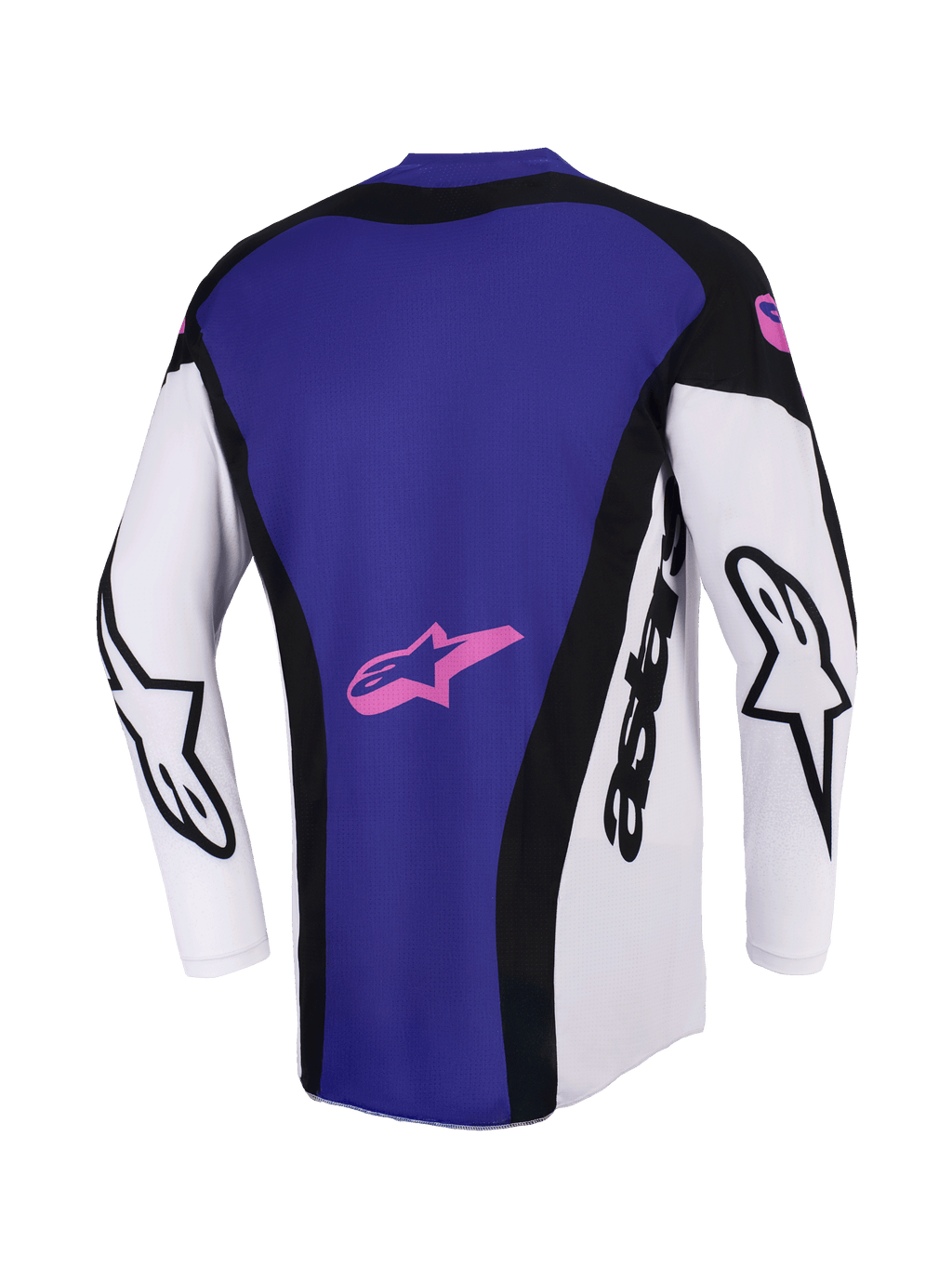 Alpinestars Techstar Knif Jersey 2026, koszulka motocrossowa, czarna, jasnoszara i fioletowa, widok z tyłu przedstawiający duży fioletowy panel z różowym logo gwiazdy, białe rękawy z czarnym brandingiem Alpinestars, sportowy krój wyścigowy
