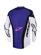 Alpinestars Techstar Knif Jersey 2026, koszulka motocrossowa, czarna, jasnoszara i fioletowa, widok z tyłu przedstawiający duży fioletowy panel z różowym logo gwiazdy, białe rękawy z czarnym brandingiem Alpinestars, sportowy krój wyścigowy