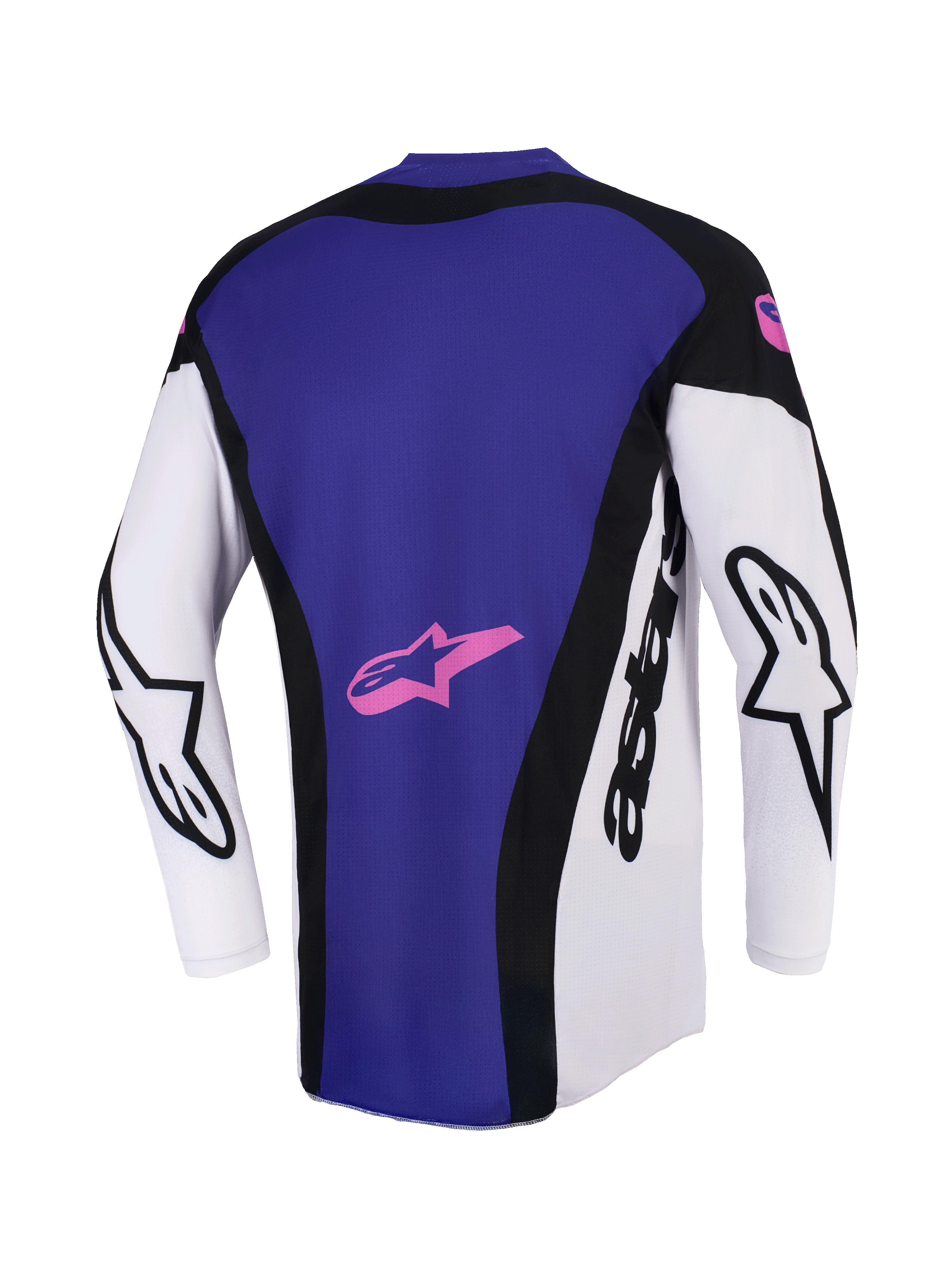 Alpinestars Techstar Knif Jersey 2026, koszulka motocrossowa, czarna, jasnoszara i fioletowa, widok z tyłu przedstawiający duży fioletowy panel z różowym logo gwiazdy, białe rękawy z czarnym brandingiem Alpinestars, sportowy krój wyścigowy