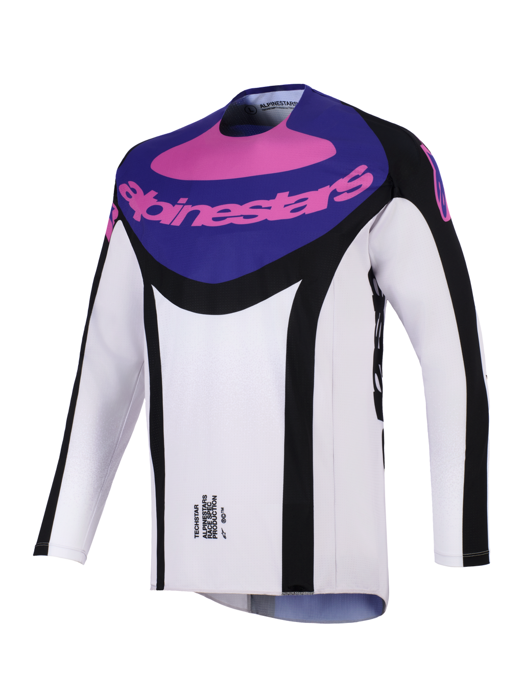 Alpinestars 2026 Techstar Knif Jersey, koszulka motocrossowa, czarno-jasnoszara z fioletowymi elementami, fioletowy panel na klatce piersiowej z różowym logo Alpinestars, czarne akcenty boczne, lekki materiał odprowadzający wilgoć