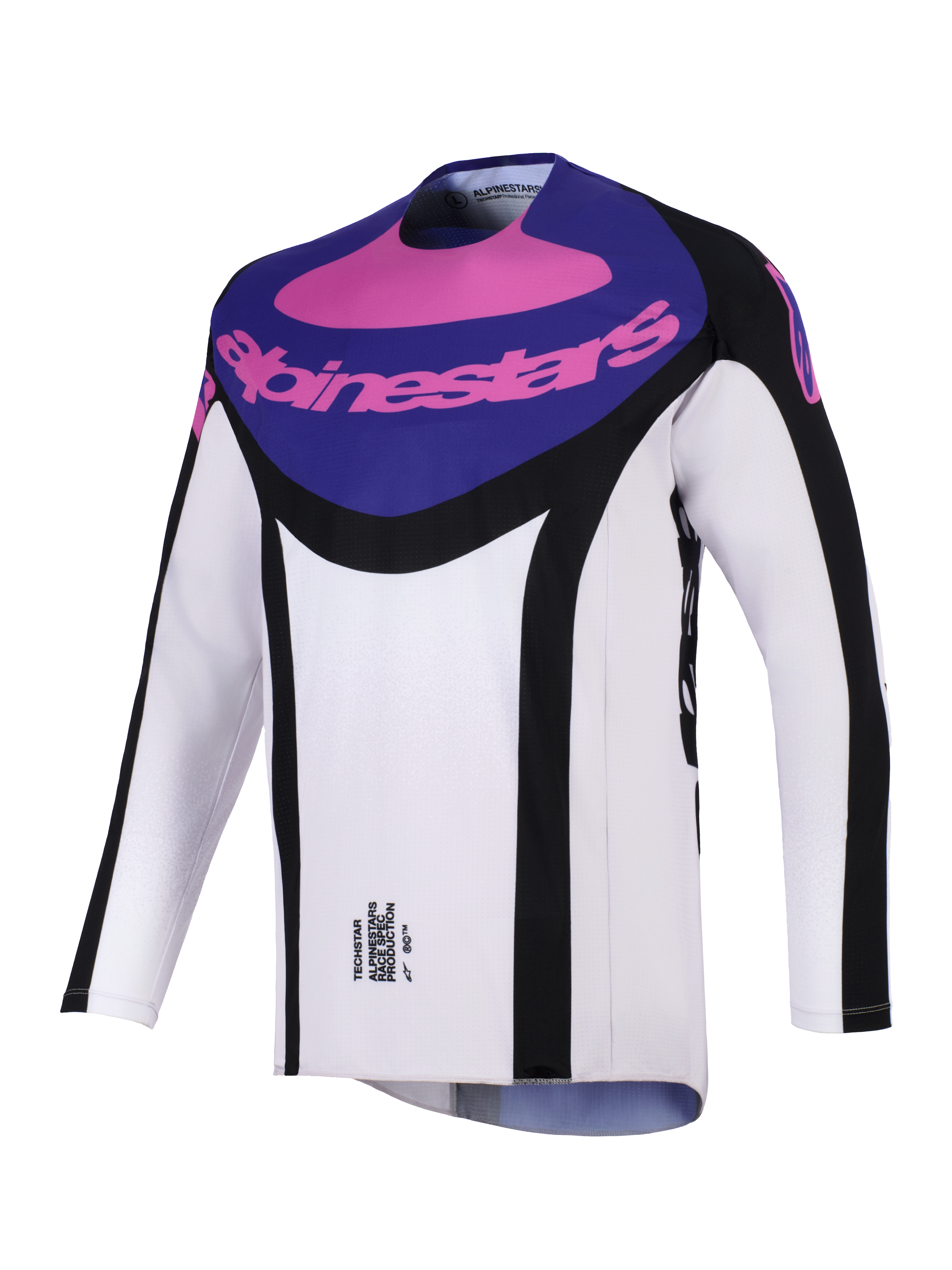 Alpinestars 2026 Techstar Knif Jersey, koszulka motocrossowa, czarno-jasnoszara z fioletowymi elementami, fioletowy panel na klatce piersiowej z różowym logo Alpinestars, czarne akcenty boczne, lekki materiał odprowadzający wilgoć