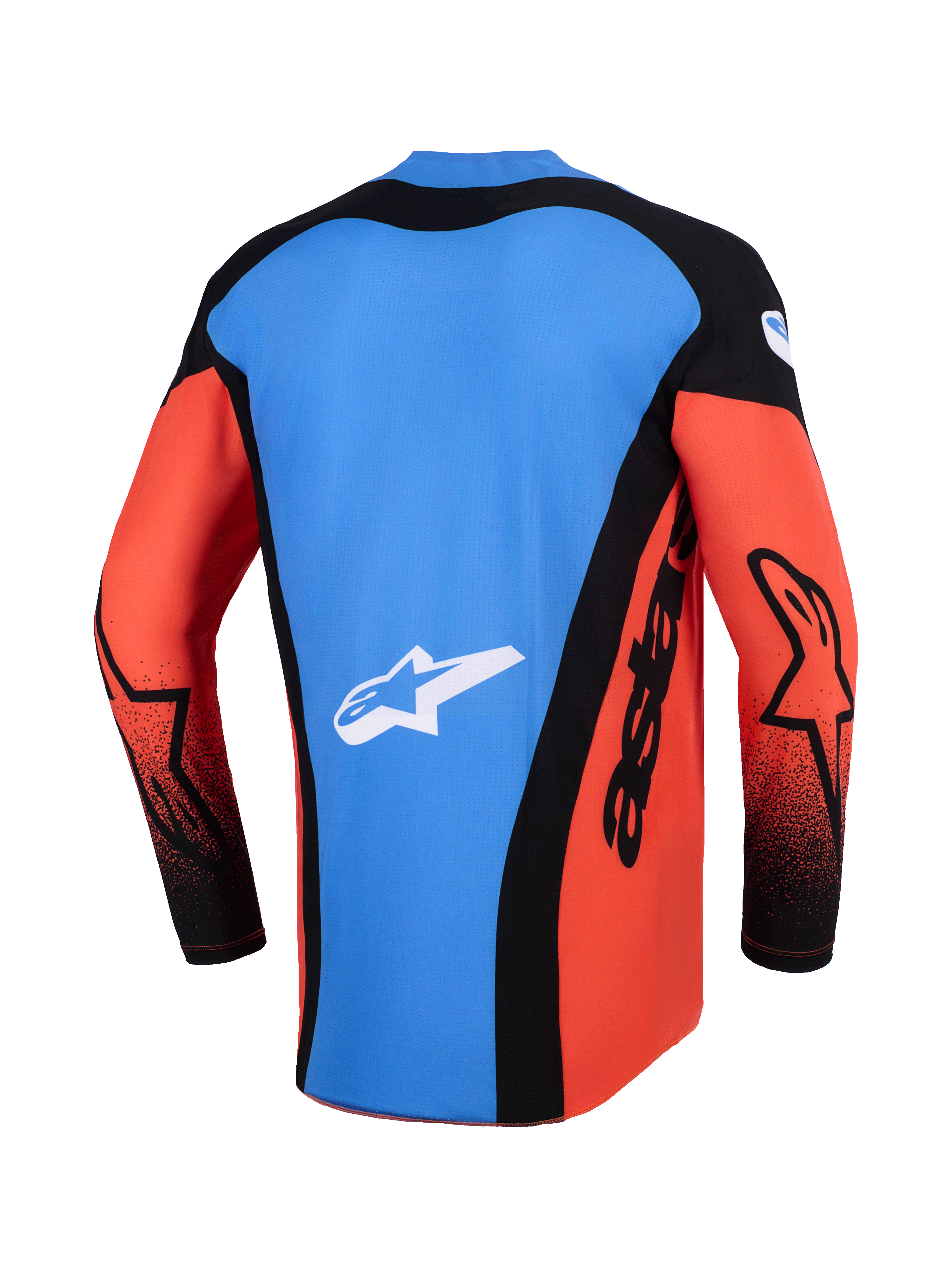 Alpinestars Techstar Knif Jersey 2026, koszulka motocrossowa, widok z tyłu, kolory pomarańczowy, czarny i UCLA Blue, niebieski panel tylny z białym logo gwiazdy, czarne panele boczne z brandingiem „astars”, pomarańczowe rękawy z czarnymi akcentami, lekka odzież wyczynowa do wyścigów off-road