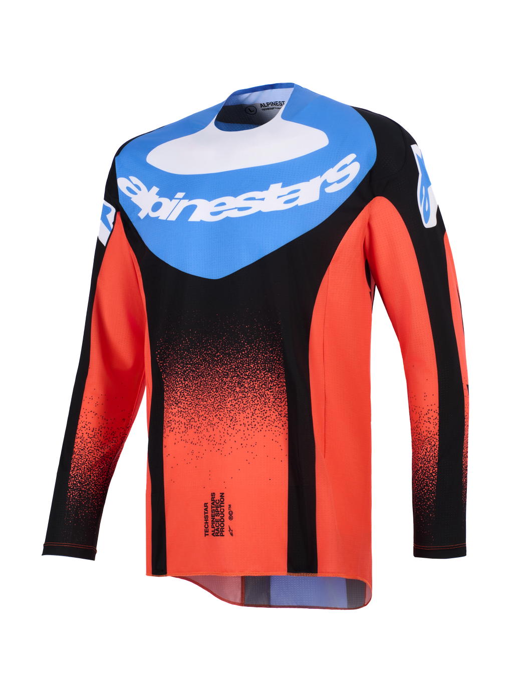 Alpinestars 2026 Techstar Knif Jersey, koszulka motocrossowa, pomarańczowa, czarna i niebieska UCLA, widok z przodu z niebieskim panelem na klatce piersiowej z białym logo Alpinestars i czarnym kropkowanym gradientem na pomarańczowych rękawach i korpusie, wyczynowa odzież do wyścigów terenowych.