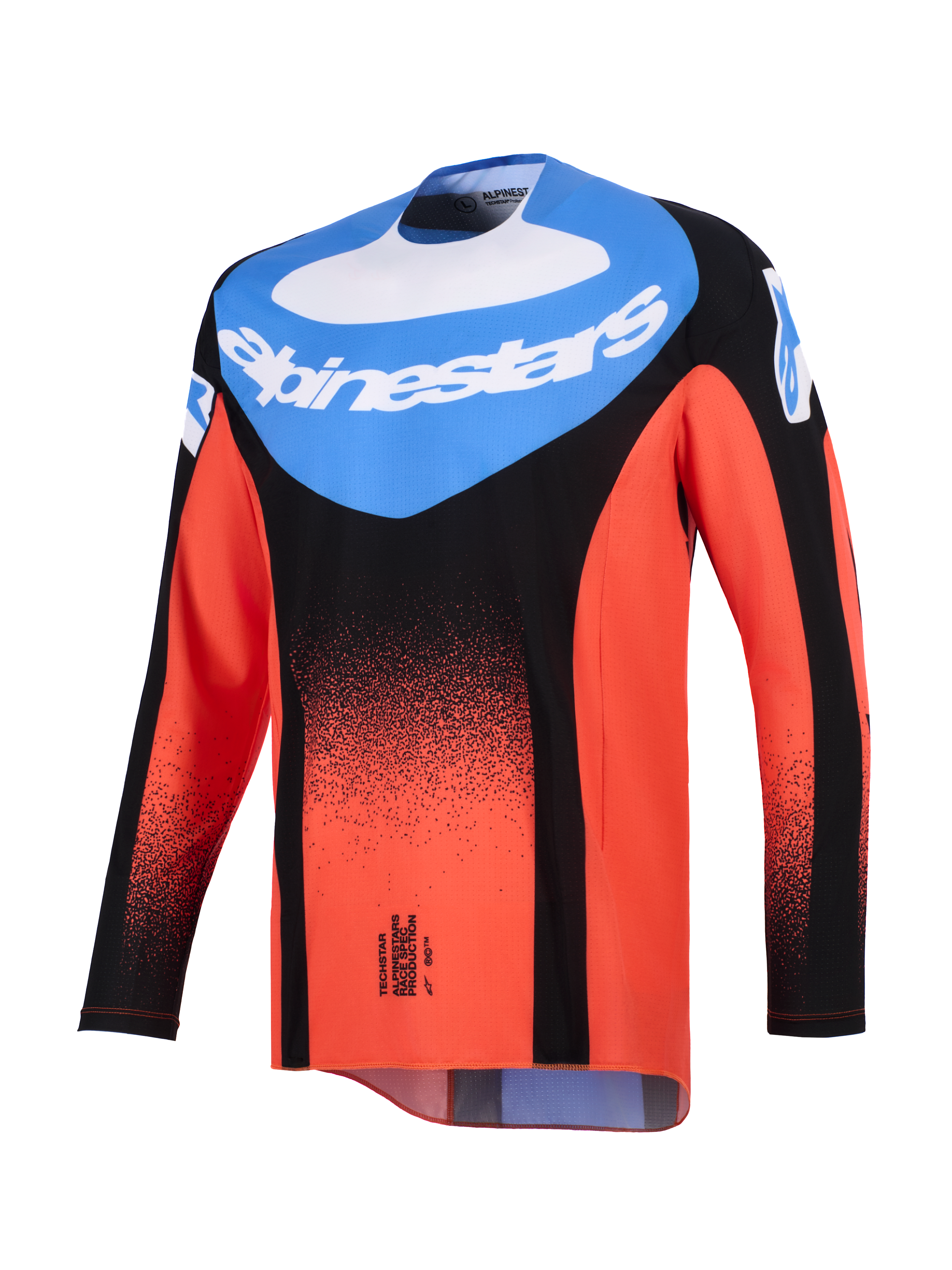 Alpinestars 2026 Techstar Knif Jersey, koszulka motocrossowa, pomarańczowa, czarna i niebieska UCLA, widok z przodu z niebieskim panelem na klatce piersiowej z białym logo Alpinestars i czarnym kropkowanym gradientem na pomarańczowych rękawach i korpusie, wyczynowa odzież do wyścigów terenowych.