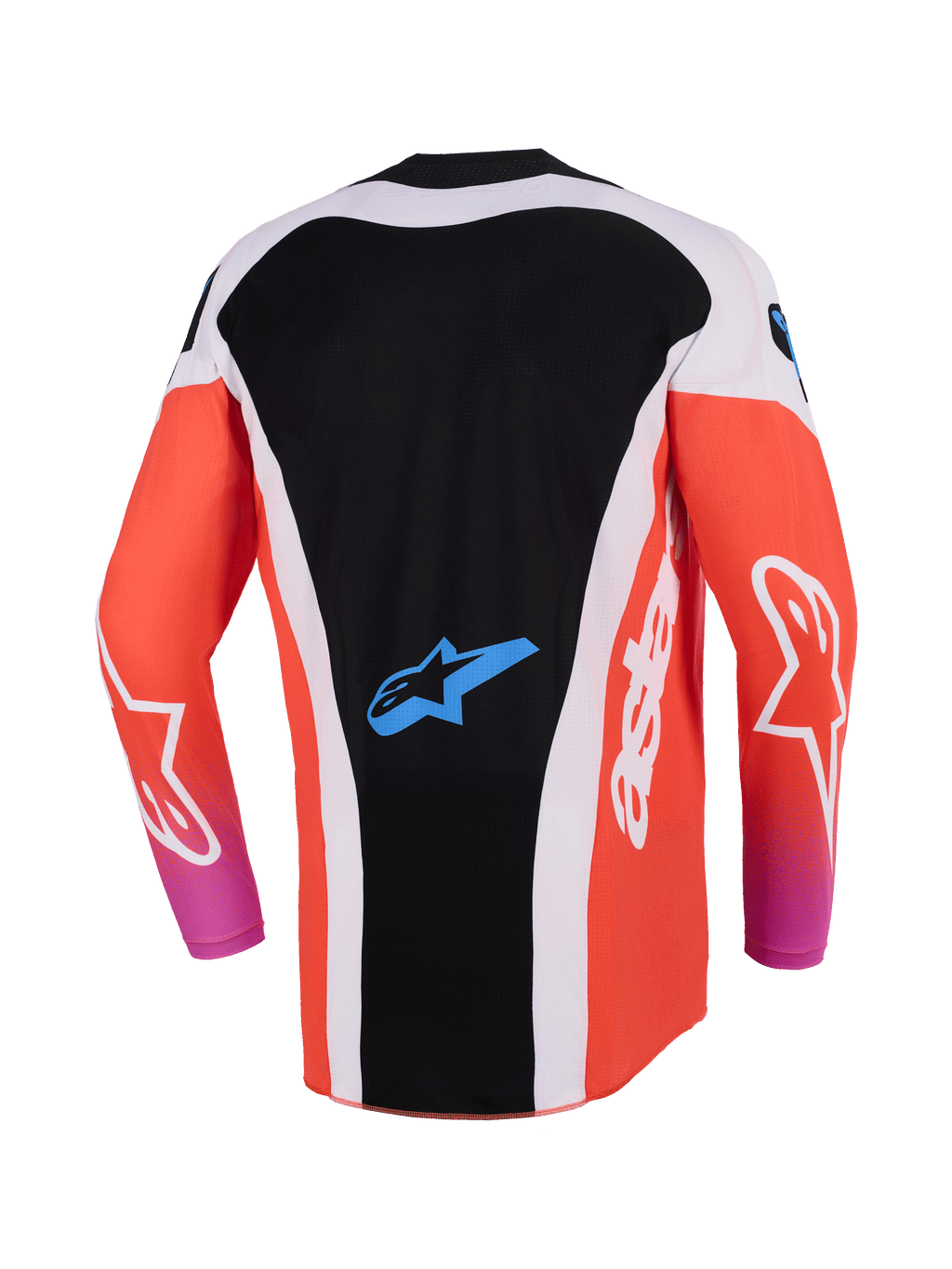 Alpinestars Techstar Knif Jersey 2026, koszulka motocrossowa, czarna i jaskrawopomarańczowa, widok z tyłu z przedłużonym tyłem, białe panele boczne, niebieskie logo Astar w dolnej części pleców, długie rękawy, wysokowydajna odzież wyścigowa