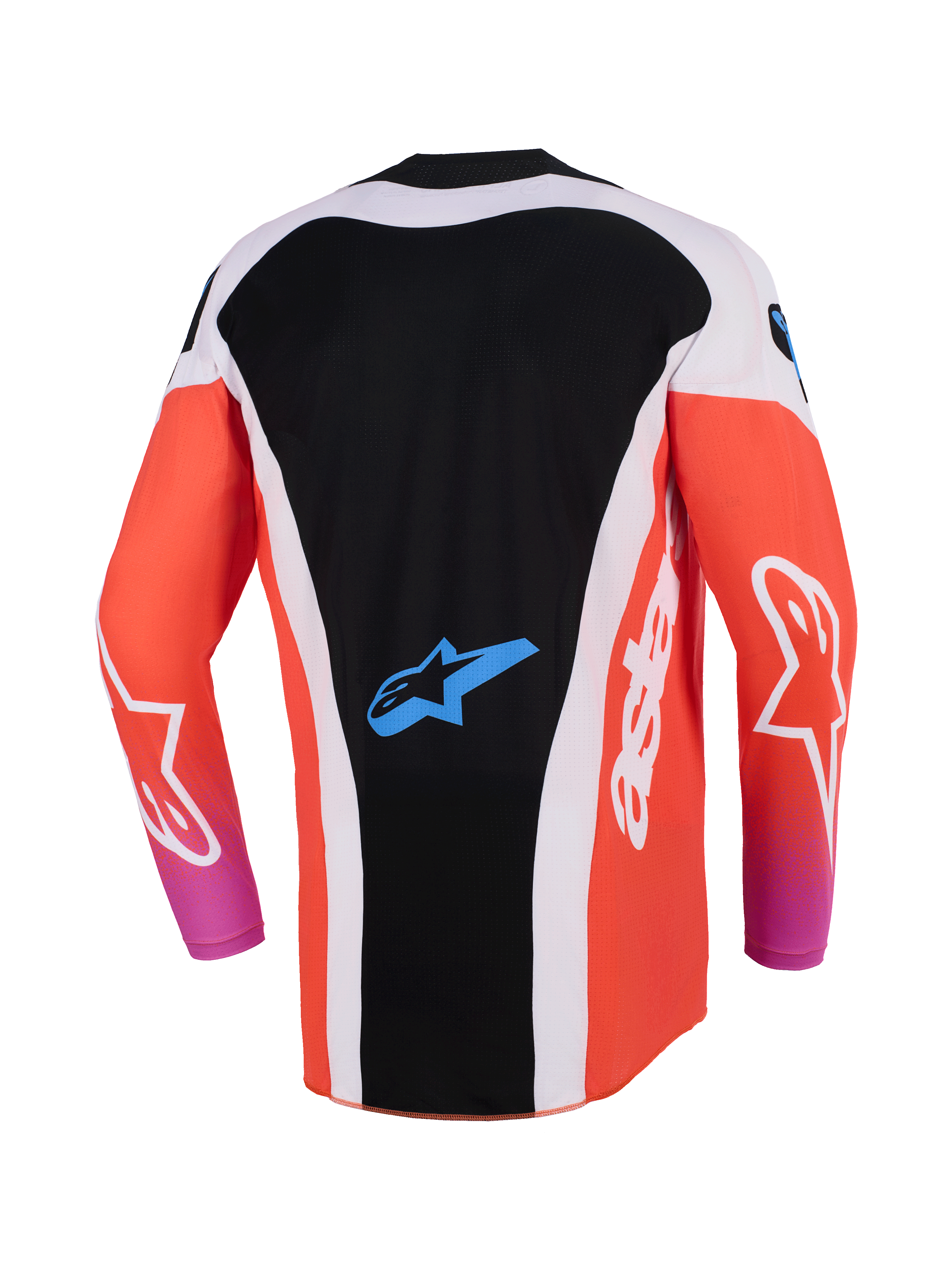 Alpinestars Techstar Knif Jersey 2026, koszulka motocrossowa, czarna i jaskrawopomarańczowa, widok z tyłu z przedłużonym tyłem, białe panele boczne, niebieskie logo Astar w dolnej części pleców, długie rękawy, wysokowydajna odzież wyścigowa