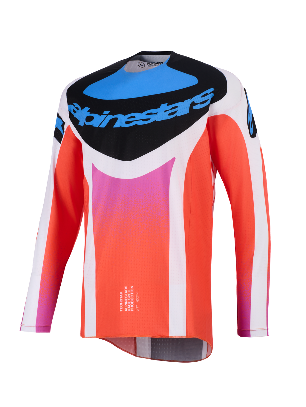 Alpinestars 2026 Techstar Knif Jersey, koszulka motocrossowa, biało-pomarańczowa z niebieskimi i różowymi akcentami, czarny panel na klatce piersiowej z logo Alpinestars, techniczna odzież wyścigowa z długim rękawem do jazdy w terenie