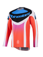 Alpinestars 2026 Techstar Knif Jersey, koszulka motocrossowa, biało-pomarańczowa z niebieskimi i różowymi akcentami, czarny panel na klatce piersiowej z logo Alpinestars, techniczna odzież wyścigowa z długim rękawem do jazdy w terenie