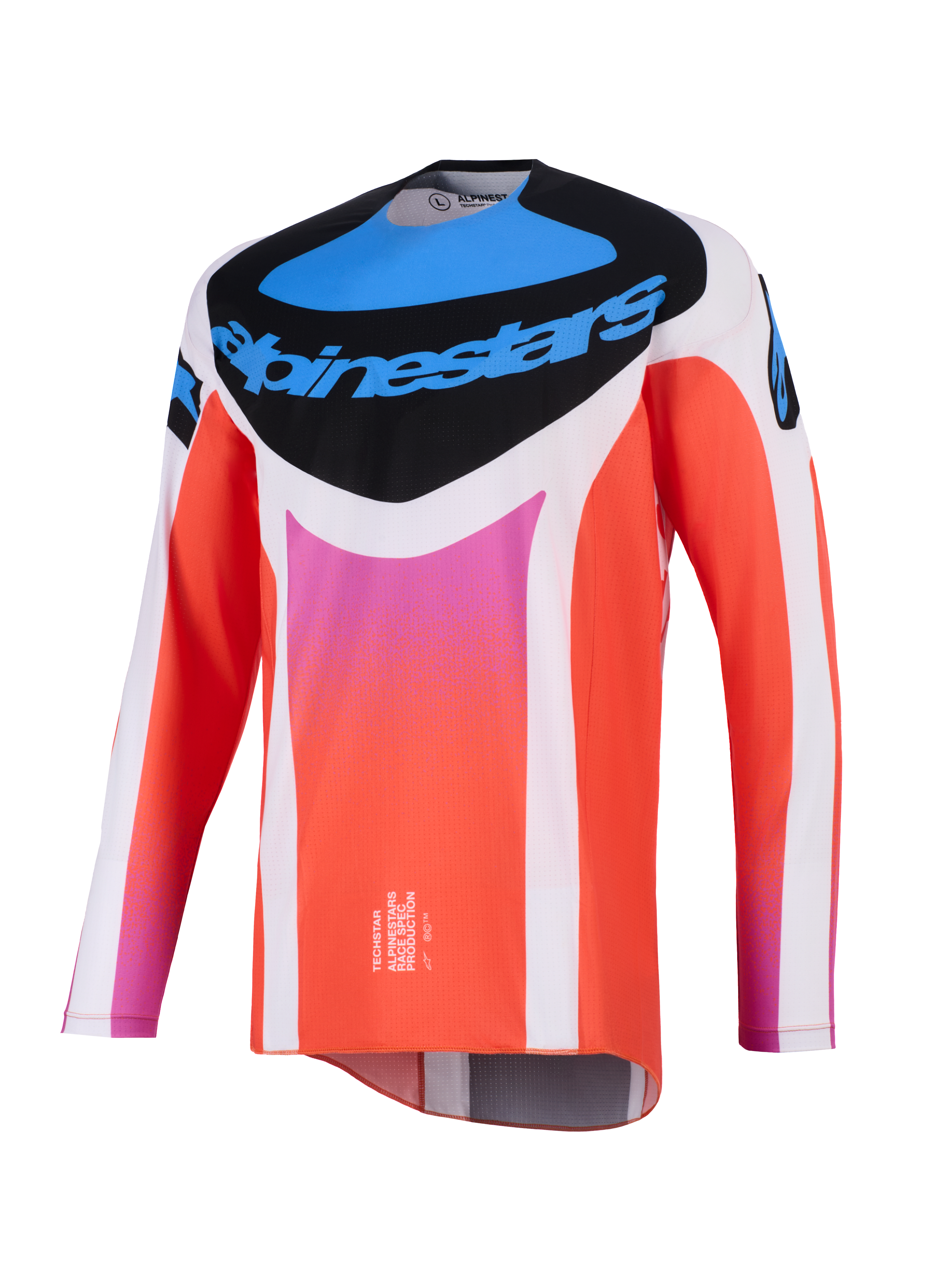 Alpinestars 2026 Techstar Knif Jersey, koszulka motocrossowa, biało-pomarańczowa z niebieskimi i różowymi akcentami, czarny panel na klatce piersiowej z logo Alpinestars, techniczna odzież wyścigowa z długim rękawem do jazdy w terenie