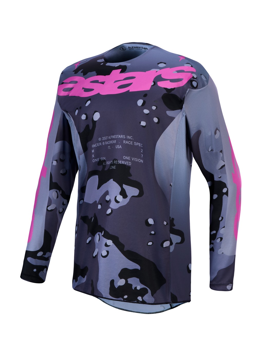 Alpinestars Racer Lone, męska koszulka motocrossowa, szary kamuflaż i fioletowy, lekka tkanina poliestrowa odprowadzająca wilgoć, grafika astars na klatce piersiowej.