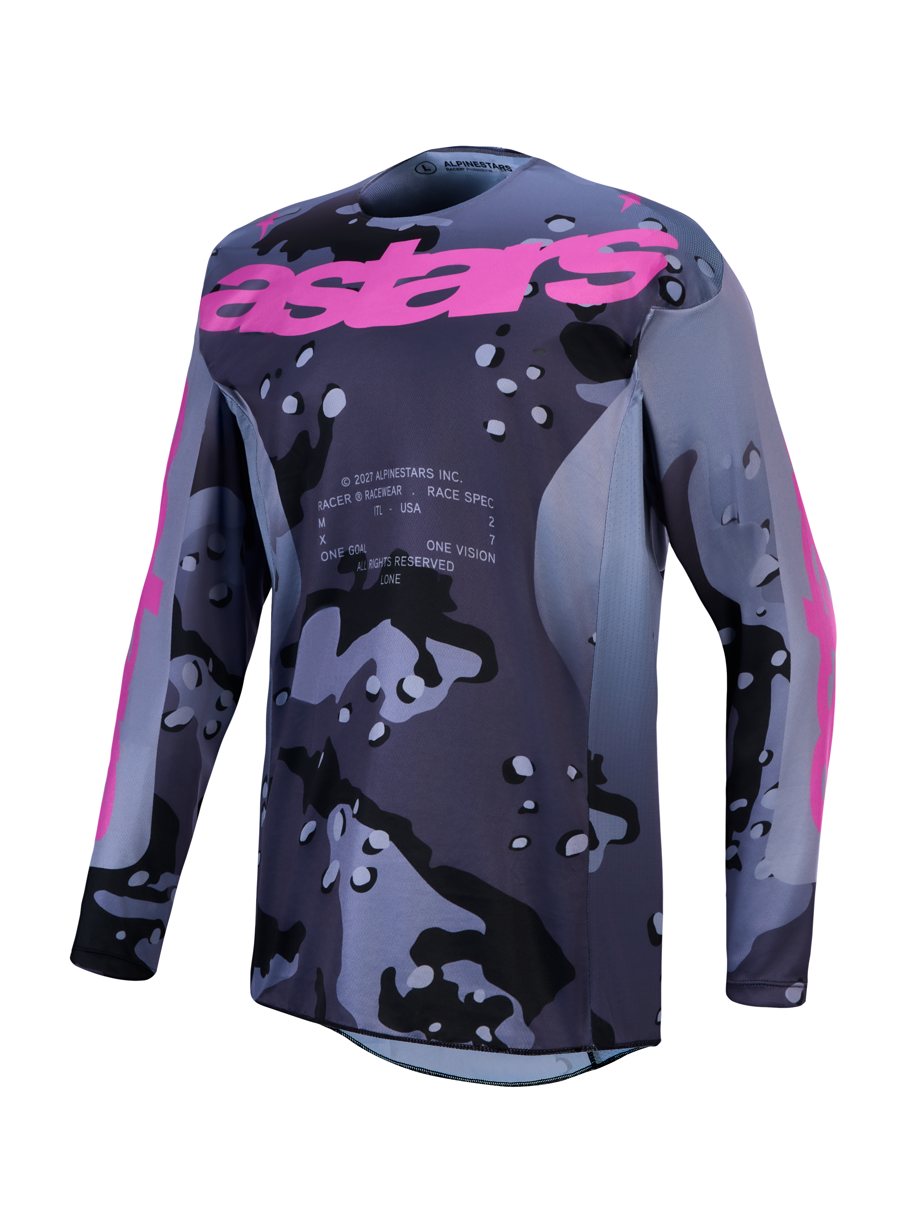 Alpinestars Racer Lone, męska koszulka motocrossowa, szary kamuflaż i fioletowy, lekka tkanina poliestrowa odprowadzająca wilgoć, grafika astars na klatce piersiowej.