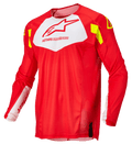 Alpinestars Techstar Factory Jersey, Motocross Jersey, Red Fluo with White chest panel and Yellow Fluo accents, lightweight breathable mesh fabric, long sleeve design for off-road racing