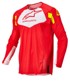 Alpinestars Techstar Factory Jersey, Motocross Jersey, Red Fluo with White chest panel and Yellow Fluo accents, lightweight breathable mesh fabric, long sleeve design for off-road racing