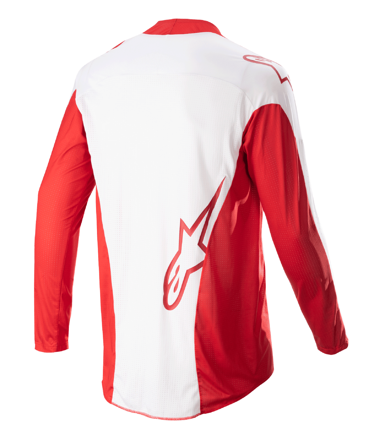 Alpinestars Techstar Arch Jersey 2023, koszulka motocrossowa, czerwono-biała (Mars Red White), widok z tyłu ukazujący biały panel środkowy i czerwone długie rękawy, czerwone logo Astars w dolnej części pleców, siatkowe panele wentylacyjne i wydłużony tył