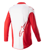 Alpinestars Techstar Arch Jersey 2023, koszulka motocrossowa, czerwono-biała (Mars Red White), widok z tyłu ukazujący biały panel środkowy i czerwone długie rękawy, czerwone logo Astars w dolnej części pleców, siatkowe panele wentylacyjne i wydłużony tył