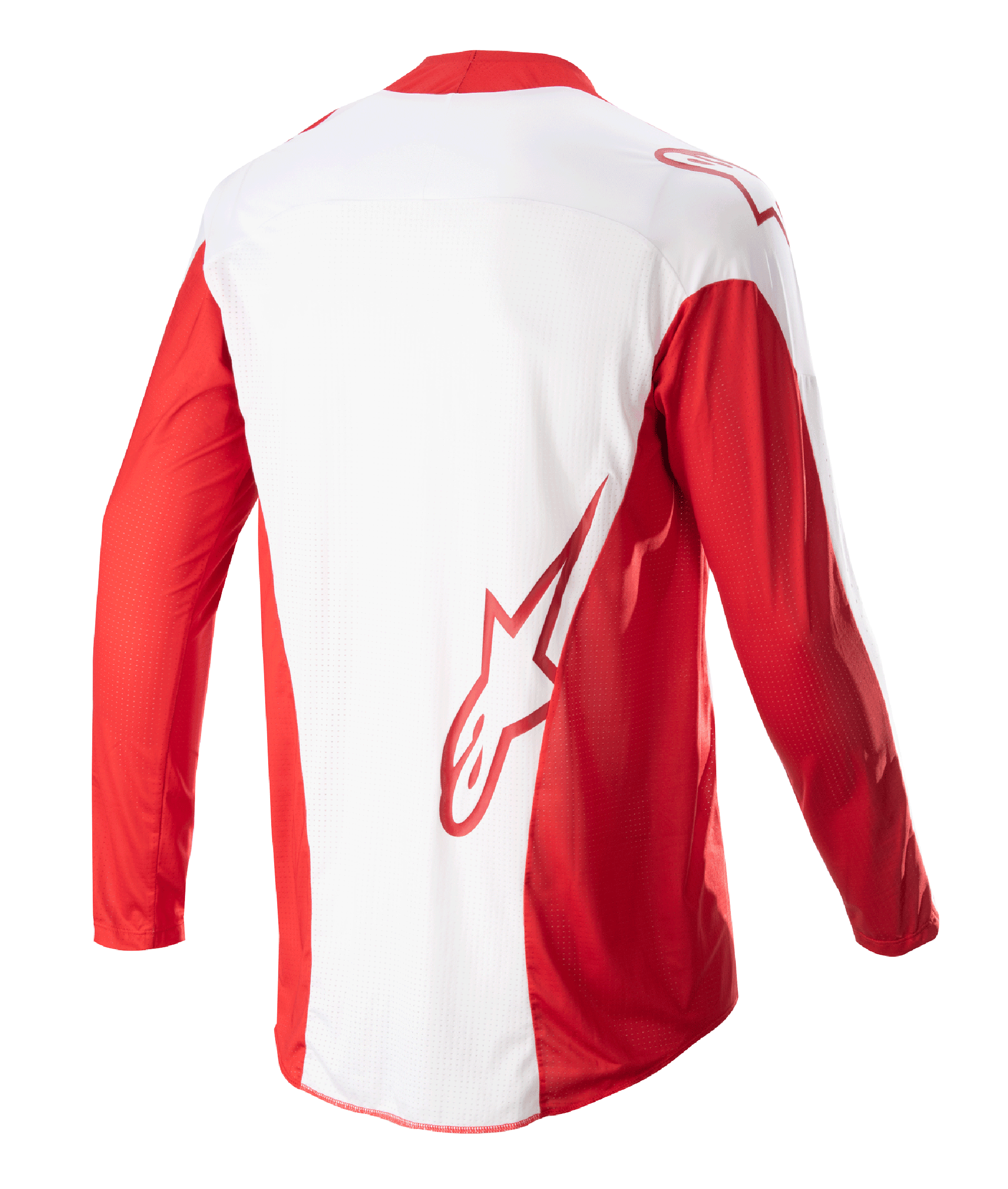 Alpinestars Techstar Arch Jersey 2023, koszulka motocrossowa, czerwono-biała (Mars Red White), widok z tyłu ukazujący biały panel środkowy i czerwone długie rękawy, czerwone logo Astars w dolnej części pleców, siatkowe panele wentylacyjne i wydłużony tył
