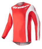 Alpinestars 2023 Techstar Arch Jersey, koszulka motocrossowa, czerwona i biała, biały napis Alpinestars na klatce piersiowej, perforowana tkanina sportowa, długie rękawy z białymi akcentami, sportowy design do wyścigów off-road