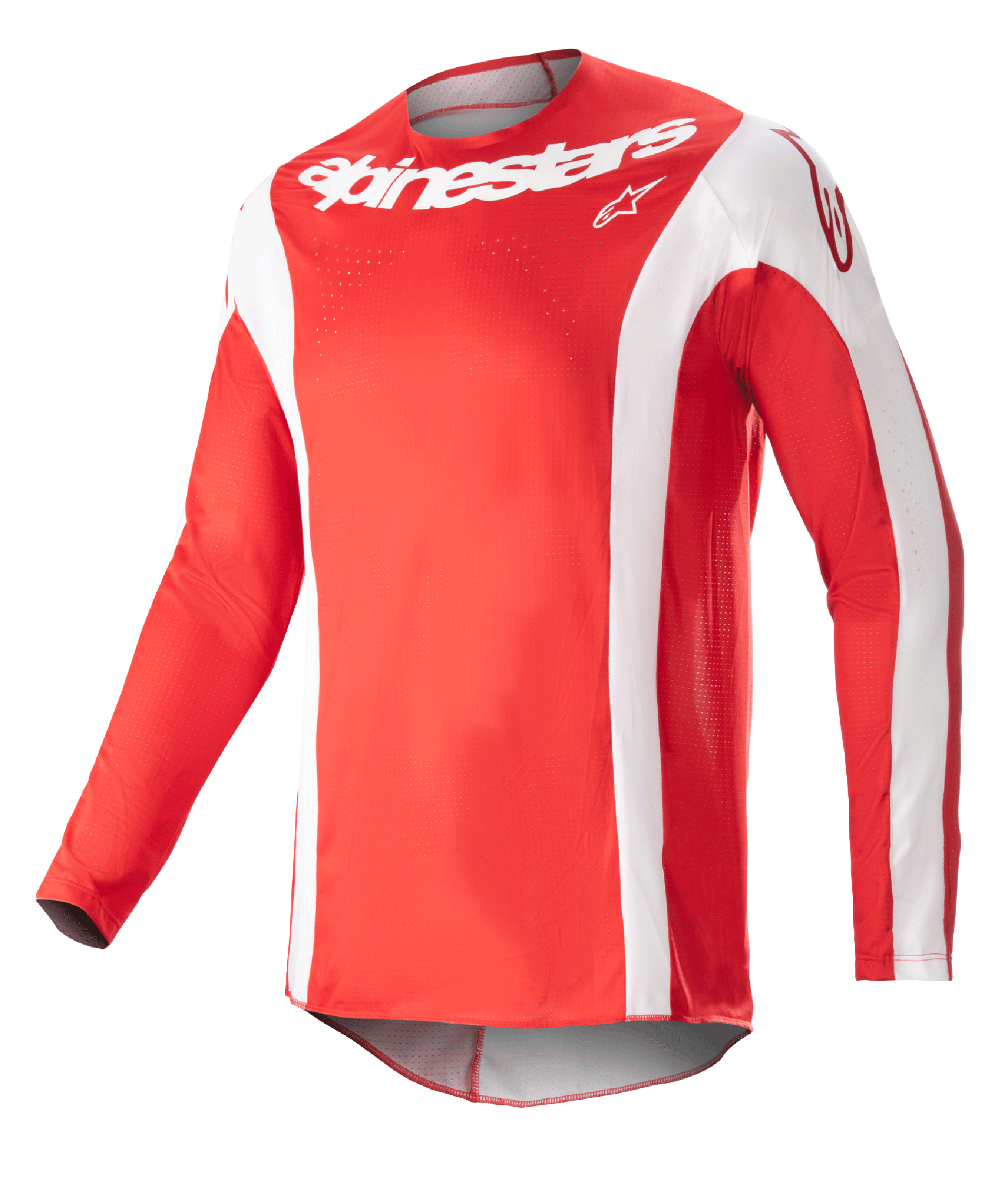 Alpinestars 2023 Techstar Arch Jersey, koszulka motocrossowa, czerwona i biała, biały napis Alpinestars na klatce piersiowej, perforowana tkanina sportowa, długie rękawy z białymi akcentami, sportowy design do wyścigów off-road