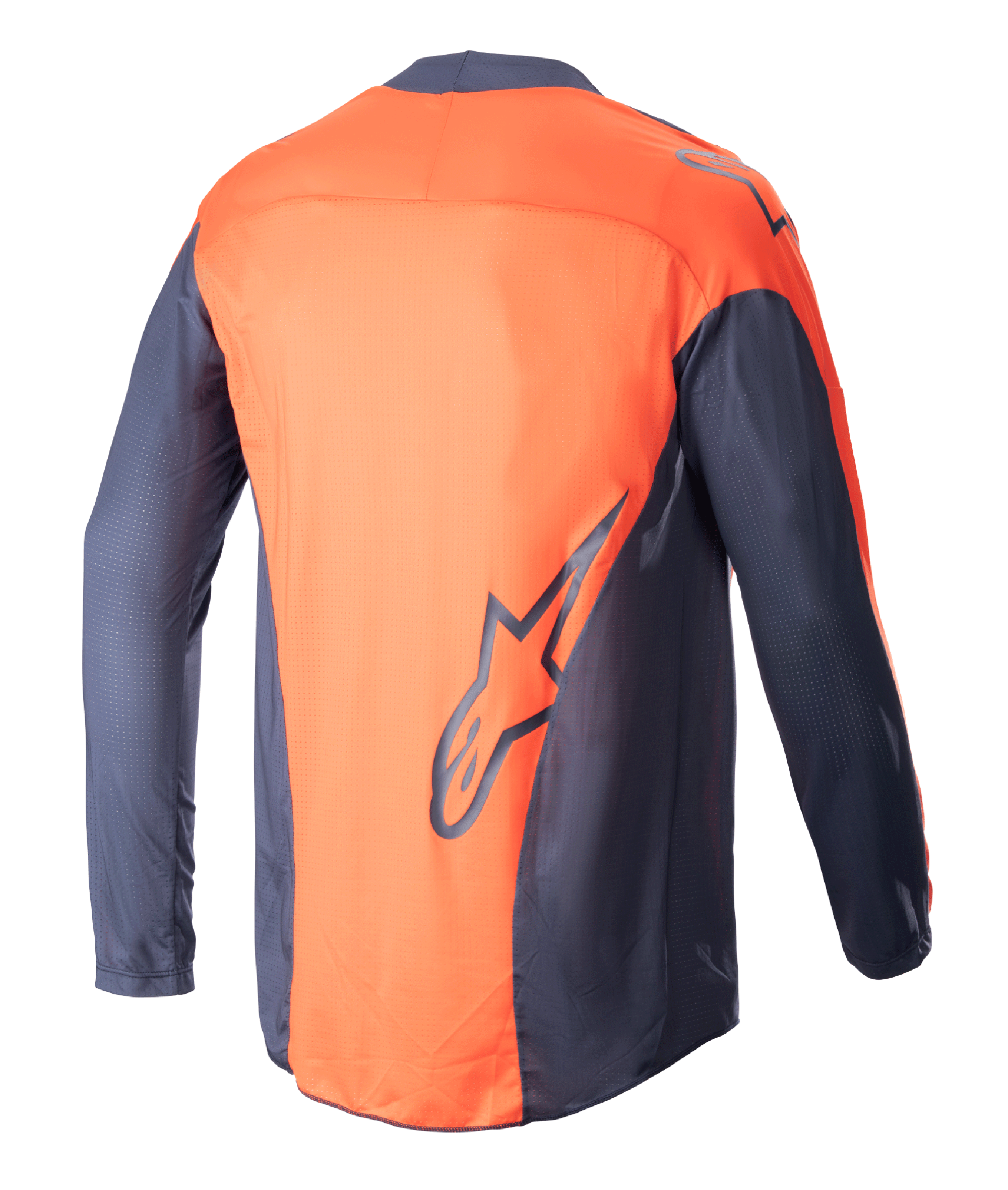 Alpinestars 2023 Techstar Arch Jersey, koszulka motocrossowa, granatowa i jaskrawopomarańczowa, widok z tyłu, lekka siateczkowa konstrukcja, duże granatowe logo Alpinestars w dolnej części pleców, przedłużony tył zapewniający osłonę podczas jazdy