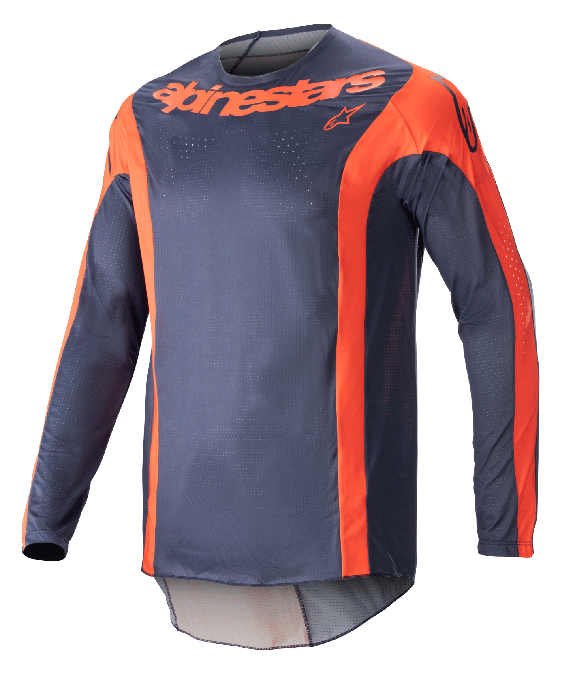 Alpinestars Techstar Arch Jersey 2023, koszulka motocrossowa z długim rękawem, w kolorze granatowym i jaskrawopomarańczowym, z pionowymi pomarańczowymi akcentami i logo na klatce piersiowej, lekka siatkowa tkanina zapewniająca wydajność w terenie