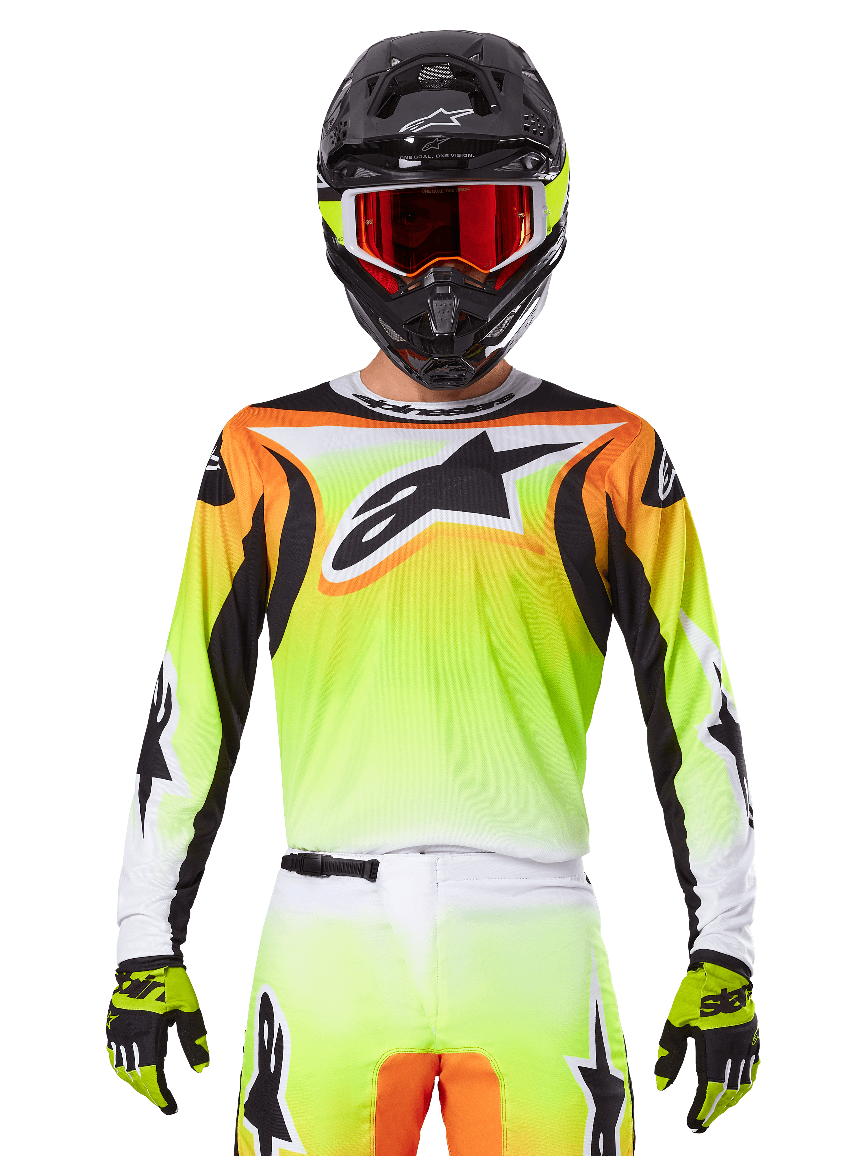 Koszulka Alpinestars Fluid Wurx 2025, koszulka motocrossowa, neonowożółta, pomarańczowa i biała, noszona z dopasowanymi spodniami i czarnym kaskiem z czerwonymi goglami, kompletny zestaw odzieży MX na motocykliście