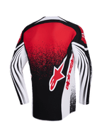 Alpinestars 2026 Techstar Nomur Jersey, koszulka motocrossowa, czarno-biało-czerwona, widok z tyłu z dużym czerwonym logo Alpinestars, efekt nakrapianego gradientu, dynamiczne zakrzywione wzory na długich rękawach, wyczynowa odzież wyścigowa