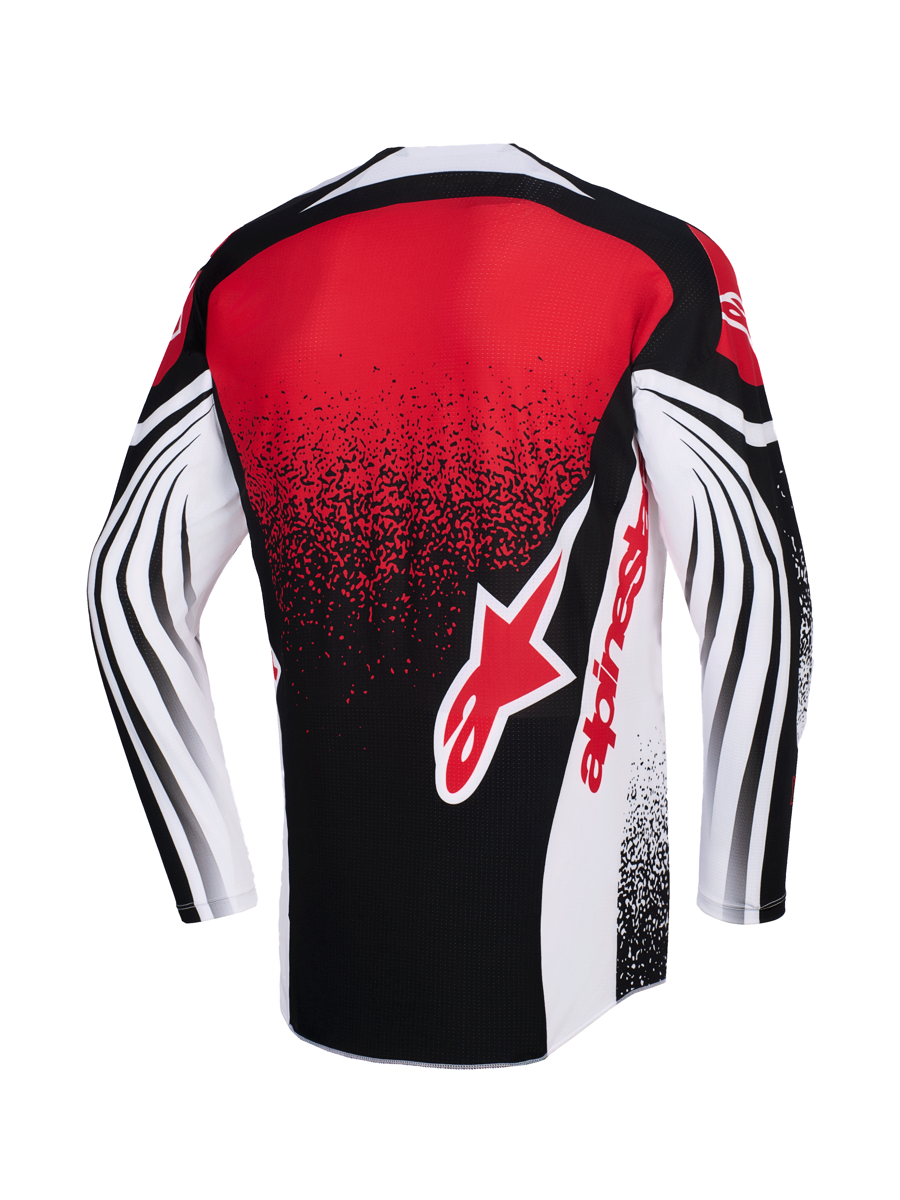Alpinestars 2026 Techstar Nomur Jersey, koszulka motocrossowa, czarno-biało-czerwona, widok z tyłu z dużym czerwonym logo Alpinestars, efekt nakrapianego gradientu, dynamiczne zakrzywione wzory na długich rękawach, wyczynowa odzież wyścigowa