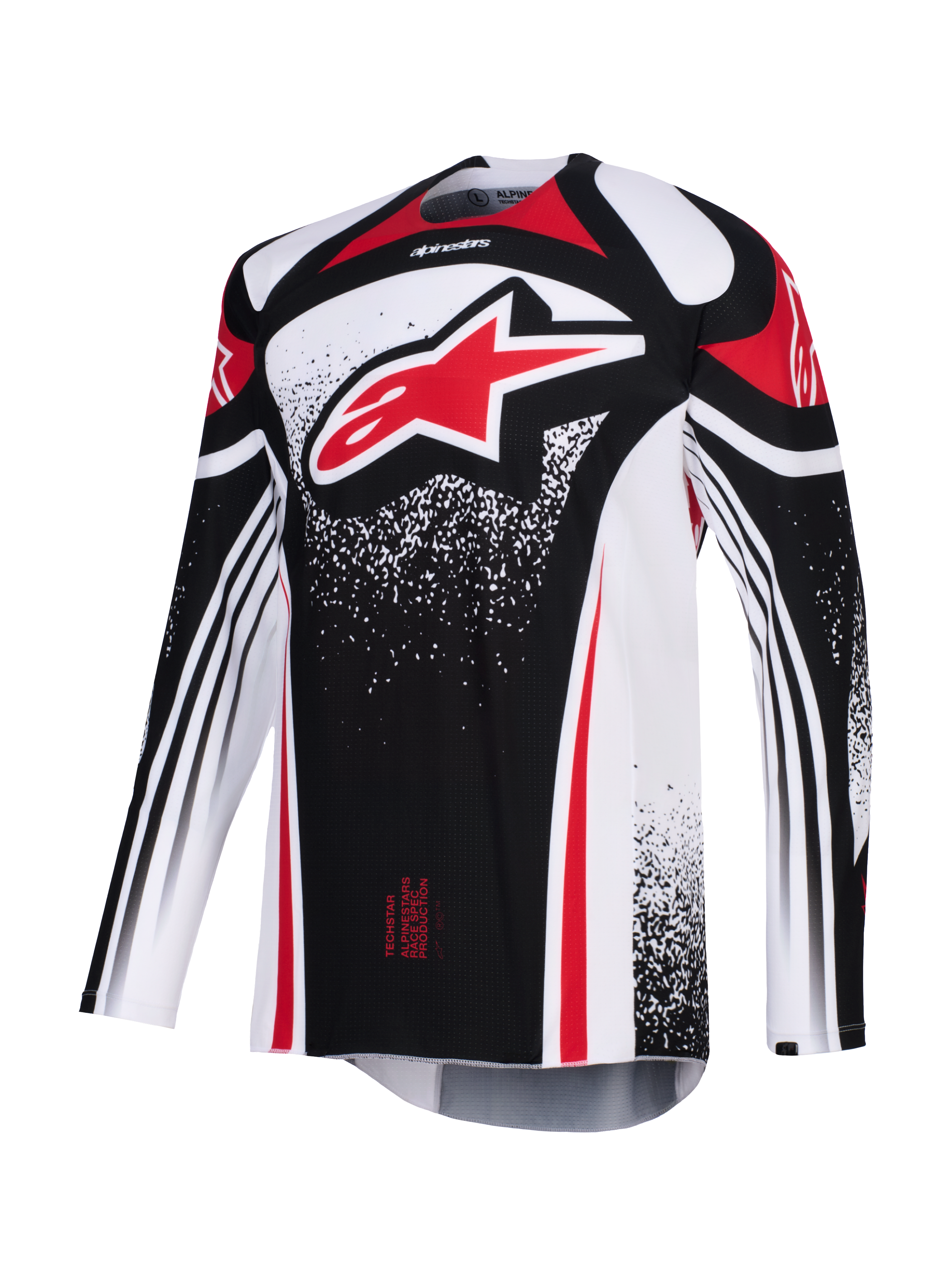 Alpinestars Techstar Nomur Jersey 2026, koszulka motocrossowa, czarno-biało-czerwona, z dużym czerwonym logo Astars na klatce piersiowej, kropkowane wzory graficzne, długie rękawy, sportowy krój wyścigowy do wyczynowej jazdy terenowej.
