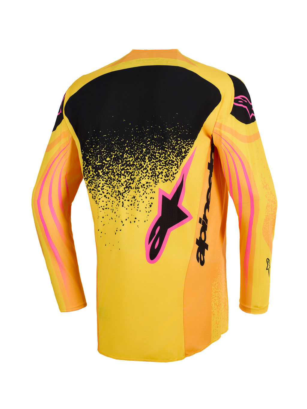 Alpinestars Techstar Nomur Jersey 2026, koszulka motocrossowa, pomarańczowa, żółta i różowa, widok z tyłu z czarnym górnym panelem pleców z nakrapianym gradientem, różowymi akcentami logo i falistymi wzorami graficznymi na rękawach