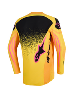 Alpinestars Techstar Nomur Jersey 2026, koszulka motocrossowa, pomarańczowa, żółta i różowa, widok z tyłu z czarnym górnym panelem pleców z nakrapianym gradientem, różowymi akcentami logo i falistymi wzorami graficznymi na rękawach