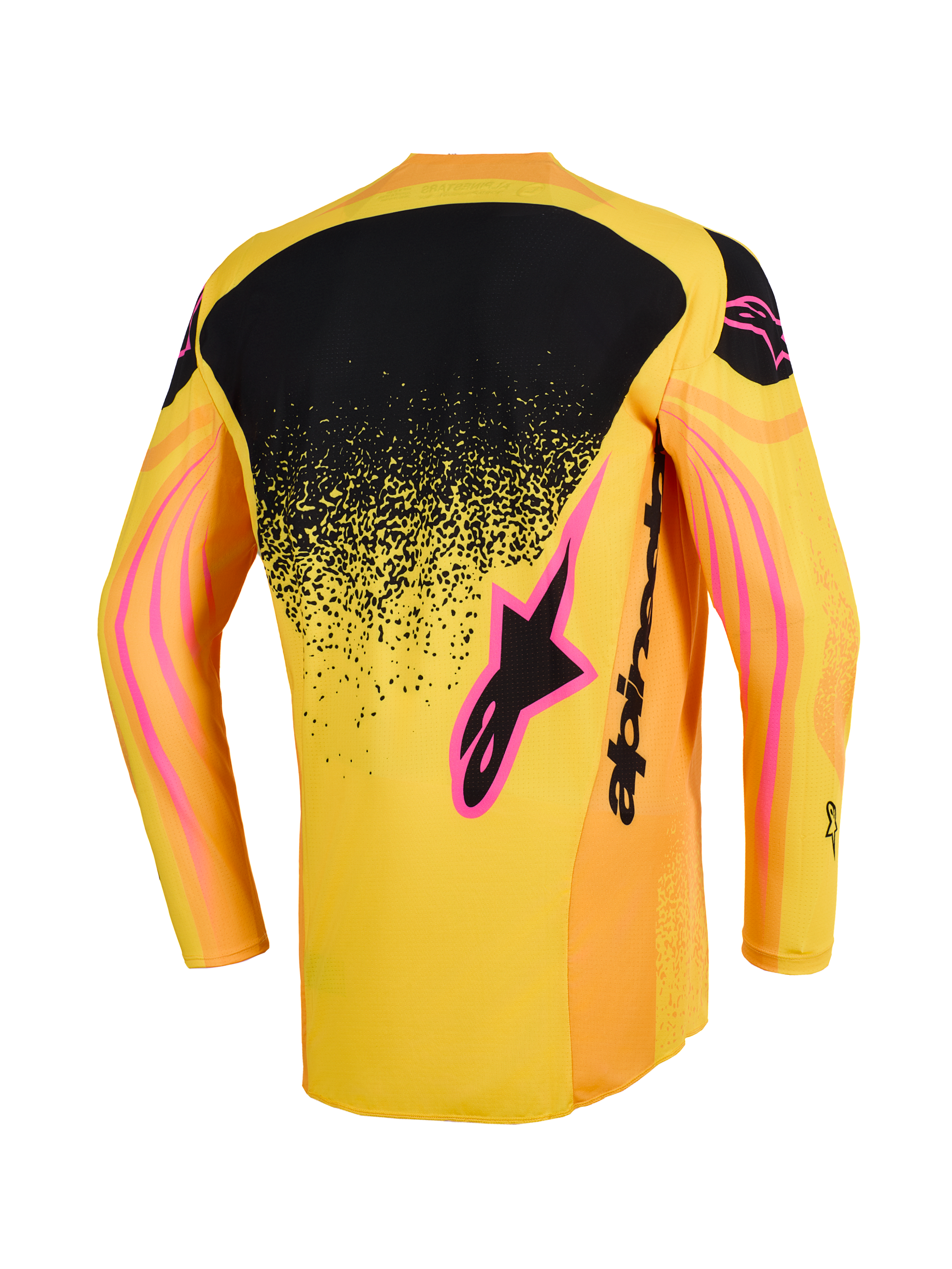 Alpinestars Techstar Nomur Jersey 2026, koszulka motocrossowa, pomarańczowa, żółta i różowa, widok z tyłu z czarnym górnym panelem pleców z nakrapianym gradientem, różowymi akcentami logo i falistymi wzorami graficznymi na rękawach