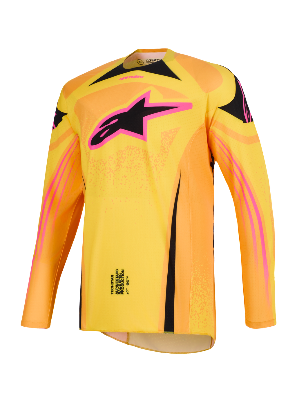 Alpinestars Techstar Nomur Jersey 2026, koszulka motocrossowa w kolorze pomarańczowym, żółtym i różowym, z wyraźnym różowo-czarnym logo gwiazdy Alpinestars na piersi, atletyczny krój wyścigowy, długi rękaw, wyczynowa odzież off-road