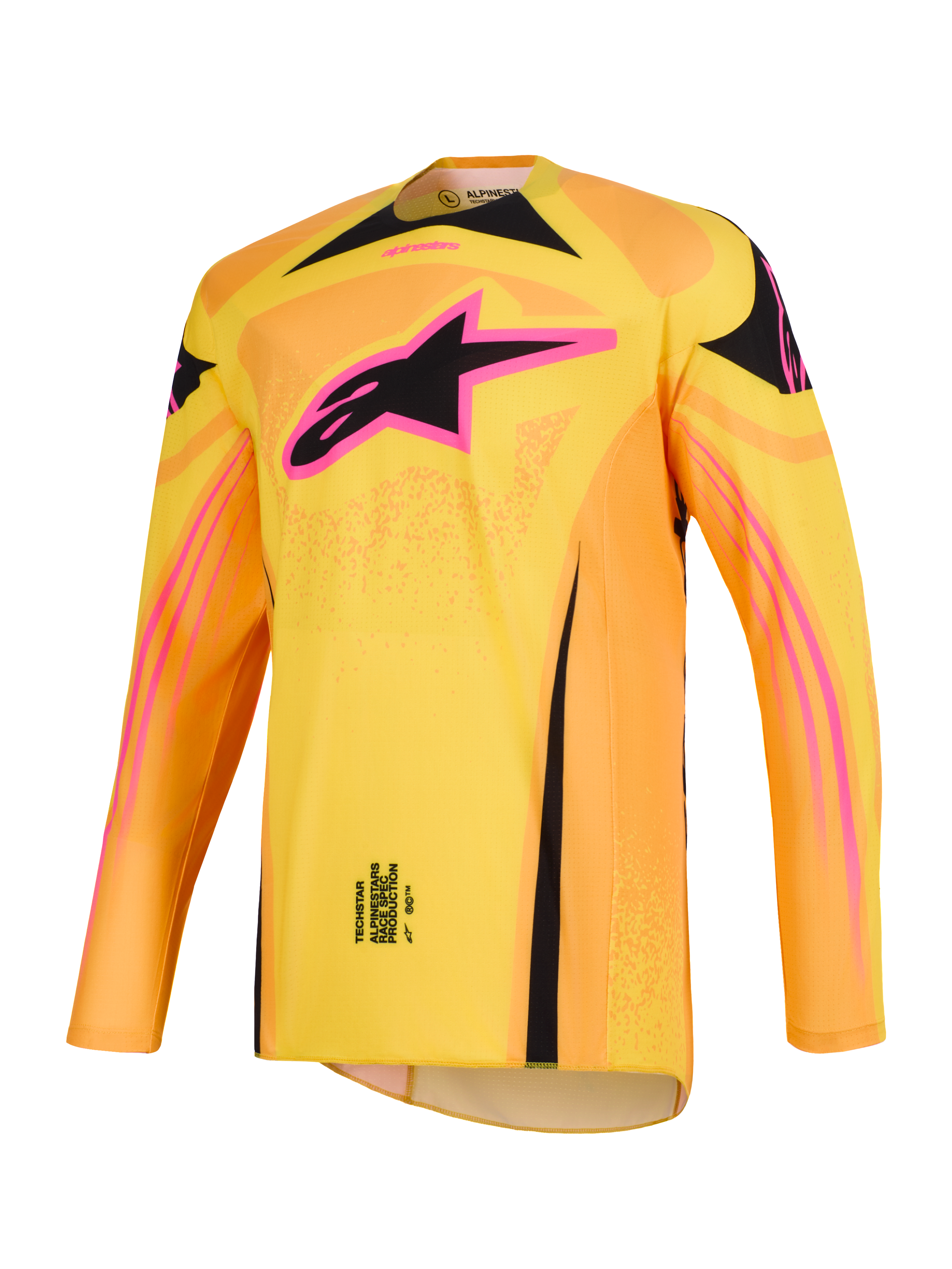Alpinestars Techstar Nomur Jersey 2026, koszulka motocrossowa w kolorze pomarańczowym, żółtym i różowym, z wyraźnym różowo-czarnym logo gwiazdy Alpinestars na piersi, atletyczny krój wyścigowy, długi rękaw, wyczynowa odzież off-road