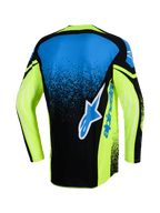 Alpinestars Techstar Nomur Jersey 2026, widok z tyłu, koszulka motocrossowa, granatowa, neonowożółta i niebieska, z dużym logo Alpinestars na plecach, neonowożółte rękawy z graficznymi akcentami, sportowy krój wyścigowy