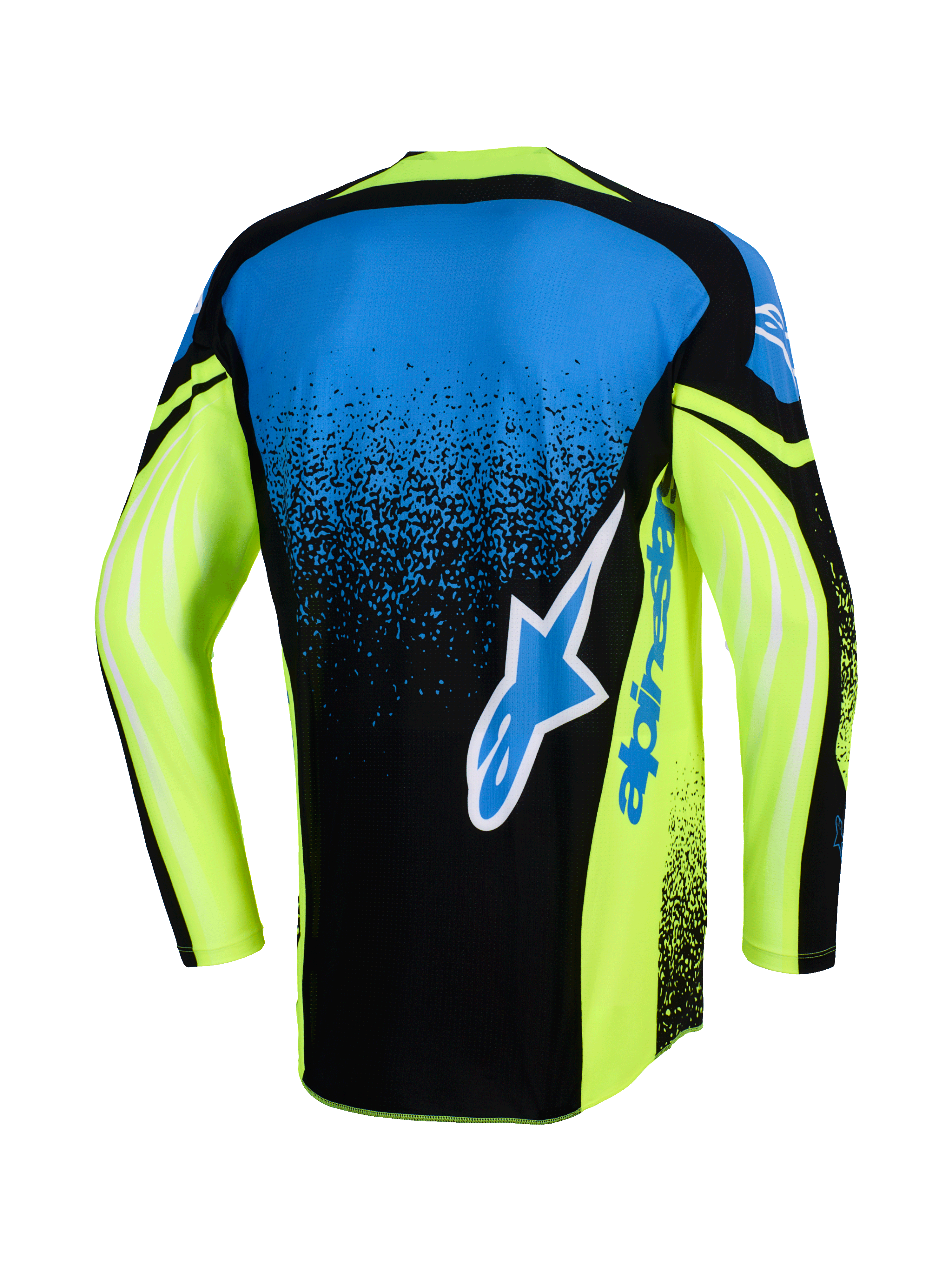 Alpinestars Techstar Nomur Jersey 2026, widok z tyłu, koszulka motocrossowa, granatowa, neonowożółta i niebieska, z dużym logo Alpinestars na plecach, neonowożółte rękawy z graficznymi akcentami, sportowy krój wyścigowy