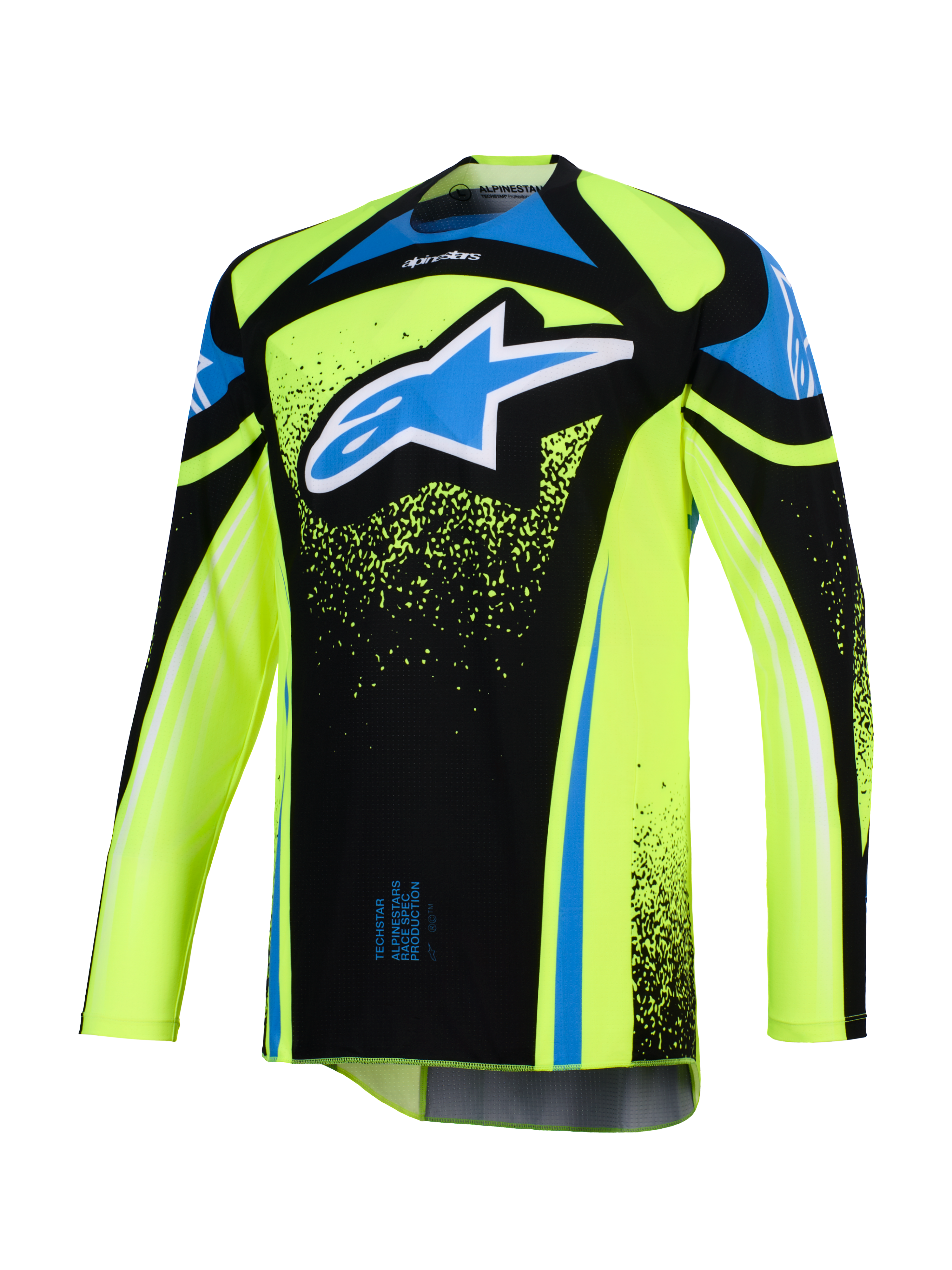 Alpinestars Techstar Nomur Jersey 2026, koszulka motocrossowa, żółta neonowa i czarna z niebieskimi akcentami, duże niebiesko-białe logo Astar na klatce piersiowej, detale graficzne typu splatter, długi rękaw, sportowa odzież do wyścigów terenowych