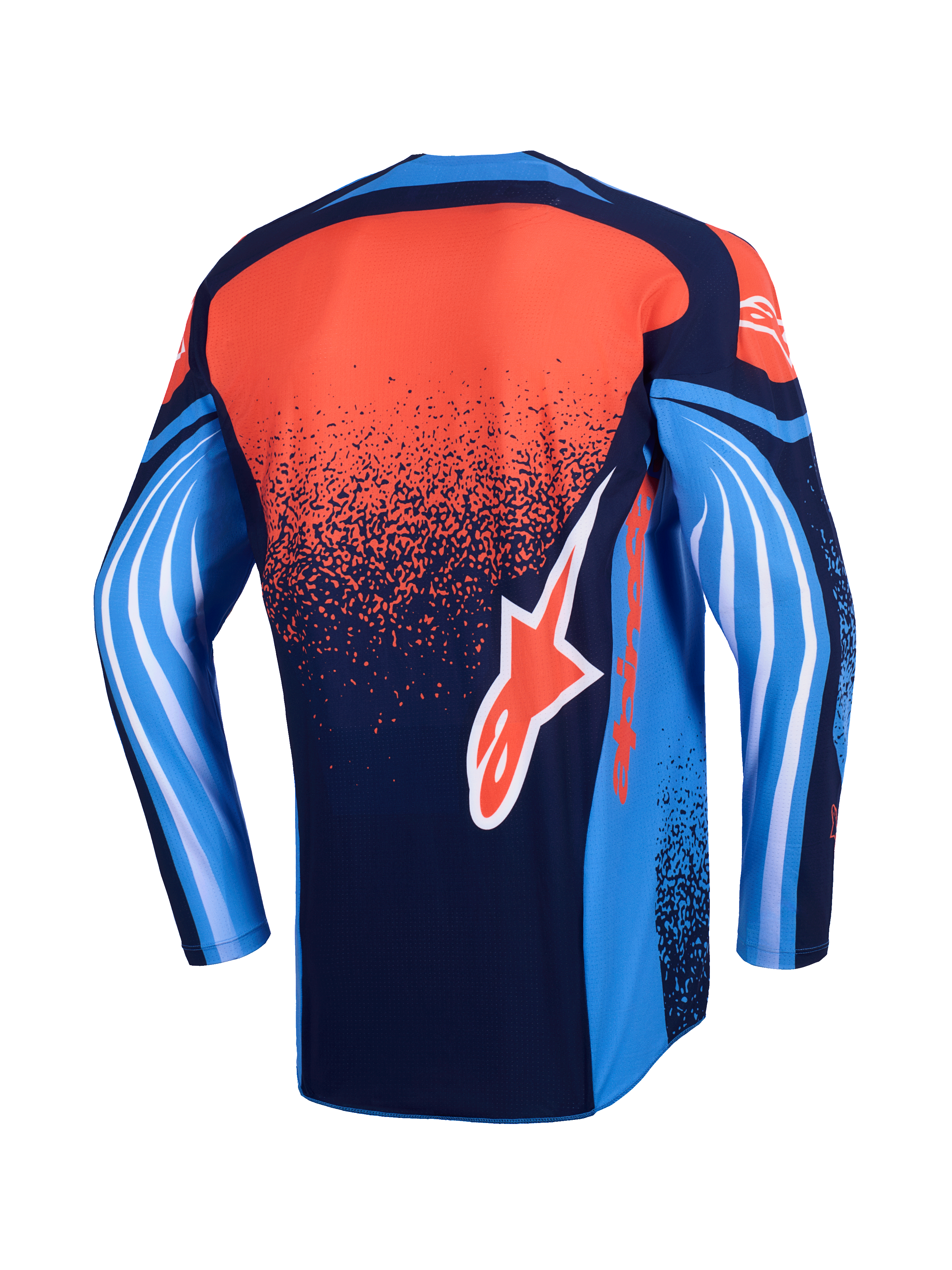 Koszulka Alpinestars Techstar Nomur 2026, koszulka motocrossowa, widok z tyłu, granatowa, pomarańczowa i błękitna, nakrapiany pomarańczowy gradient na plecach, niebieskie rękawy z białą grafiką fal, pomarańczowe logo Alpinestars na dole pleców