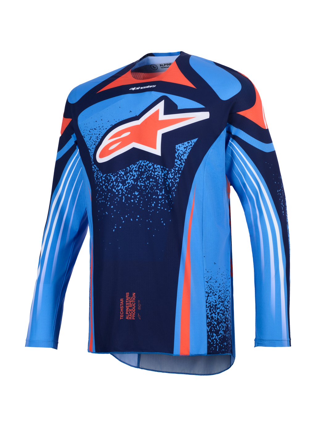 Alpinestars 2026 Techstar Nomur Jersey, koszulka motocrossowa, ciemnogranatowa i błękitna z pomarańczowymi akcentami, z dużym białym logo Astars na piersi i białymi ukośnymi pasami na długich rękawach, lekki sportowy krój wyścigowy