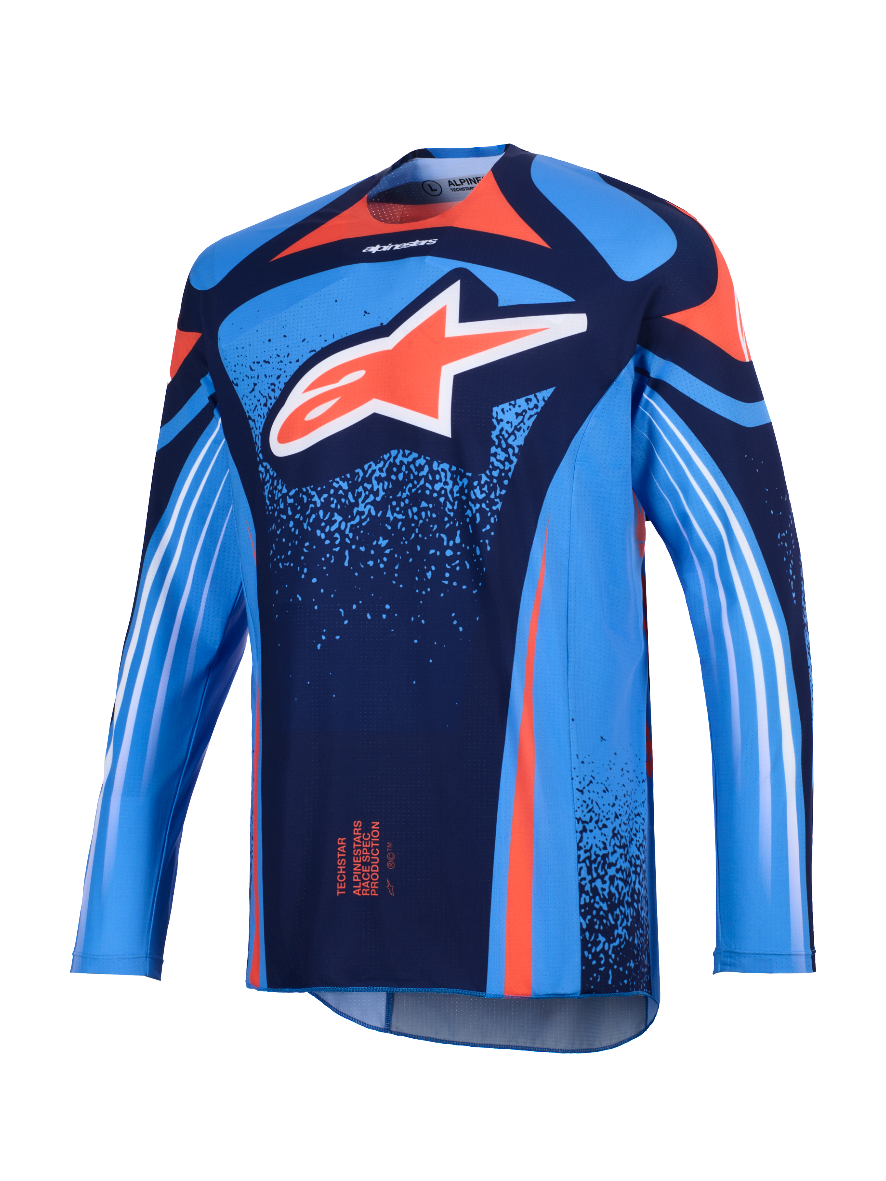 Alpinestars 2026 Techstar Nomur Jersey, koszulka motocrossowa, ciemnogranatowa i błękitna z pomarańczowymi akcentami, z dużym białym logo Astars na piersi i białymi ukośnymi pasami na długich rękawach, lekki sportowy krój wyścigowy