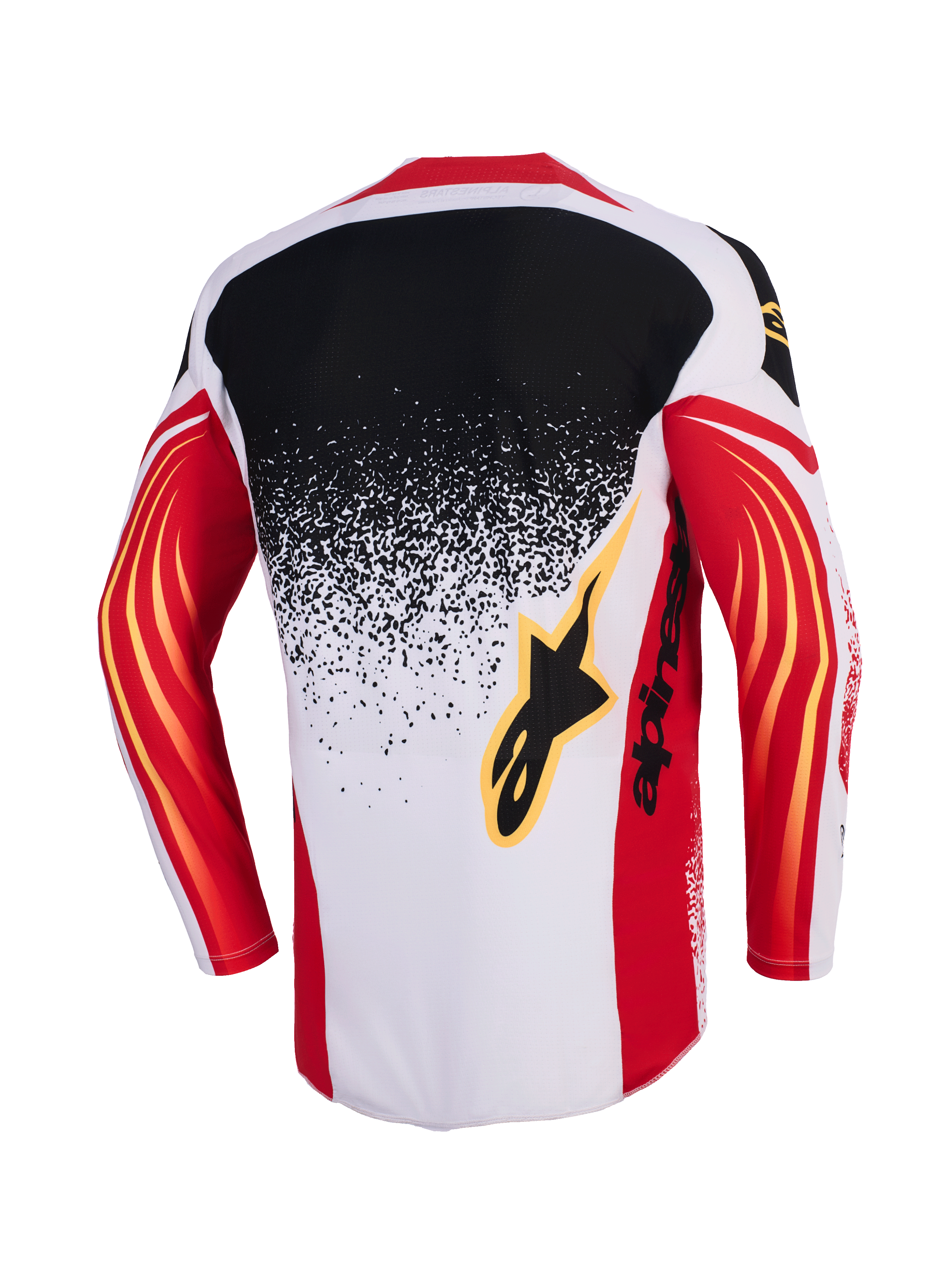 Alpinestars Techstar Nomur Jersey 2026, koszulka motocrossowa, jasnoszara, czerwona i czarna, widok z tyłu z czarno-jasnoszarym gradientowym wzorem typu splatter, czerwone rękawy z żółtymi zakrzywionymi akcentami, czarne logo Alpinestars na plecach
