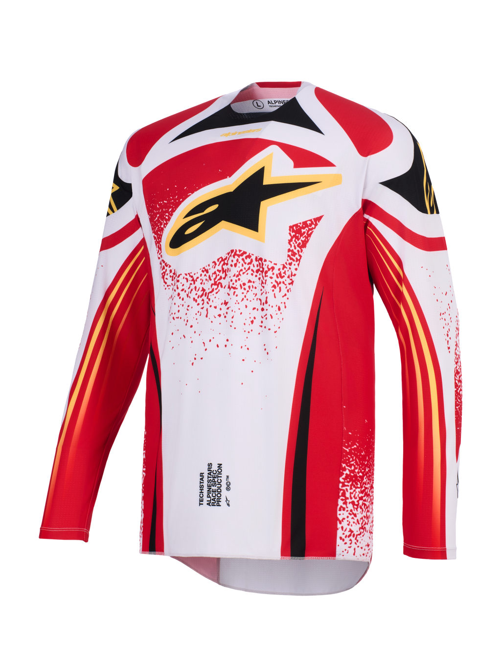Alpinestars 2026 Techstar Nomur Jersey, koszulka motocrossowa, biała, czerwona i czarna, z dużym czarnym logo Astar z żółtą obwódką na klatce piersiowej, sportowy krój wyścigowy z długimi rękawami i wyczynowymi grafikami do jazdy off-road