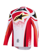 Alpinestars 2026 Techstar Nomur Jersey, koszulka motocrossowa, biała, czerwona i czarna, z dużym czarnym logo Astar z żółtą obwódką na klatce piersiowej, sportowy krój wyścigowy z długimi rękawami i wyczynowymi grafikami do jazdy off-road