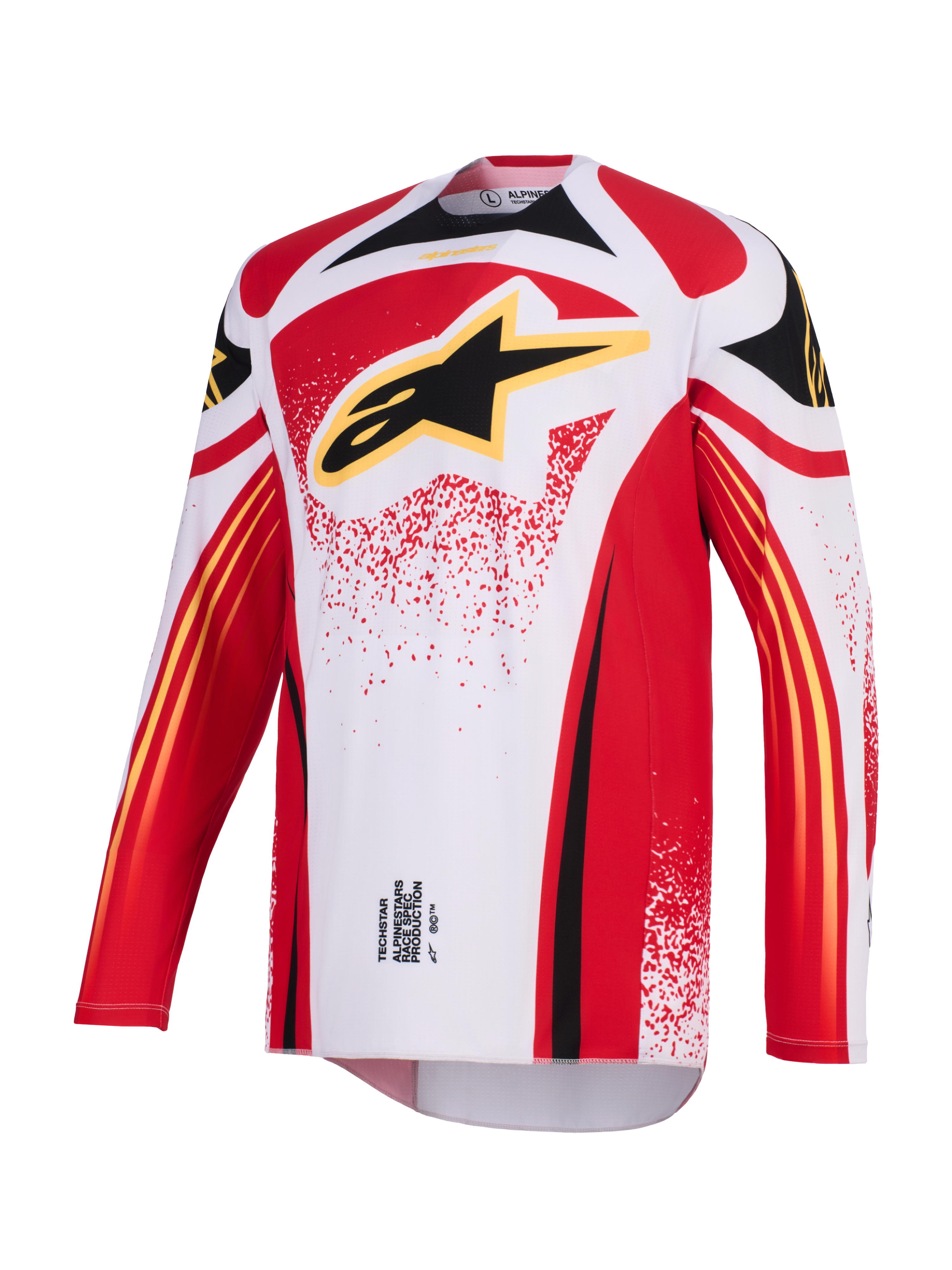 Alpinestars 2026 Techstar Nomur Jersey, koszulka motocrossowa, biała, czerwona i czarna, z dużym czarnym logo Astar z żółtą obwódką na klatce piersiowej, sportowy krój wyścigowy z długimi rękawami i wyczynowymi grafikami do jazdy off-road