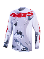 Alpinestars 2027 Racer Air Lone Motocross Jersey, gray camo and red design with ventilated mesh for off-road performance.